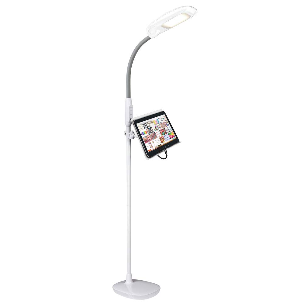 OttLite LED Floor Lamp with USB Port & Tablet Stand – Modern White Design, ClearSun LED Standing Light, USB Charger, Touch Controls | Perfect for Crafting, Reading, Home Office & Living Room Lighting