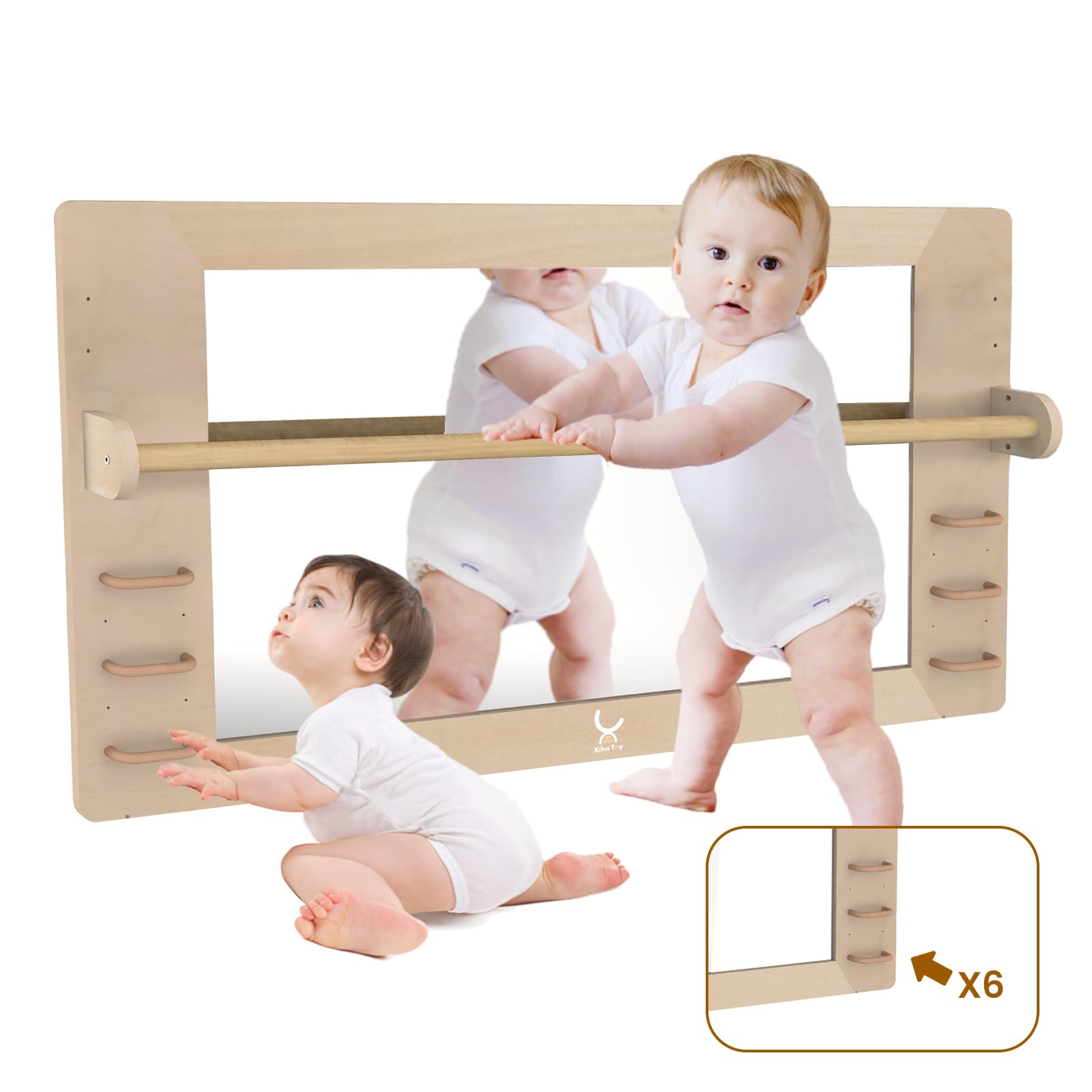 Montessori Wooden Mirror for Toddlers - Shatterproof Acrylic Safety Mirror with Handle - Early Learning & Walking Aid - XH-MTM-2 - Perfect for Nursery, Playroom & Montessori Classroom Activities