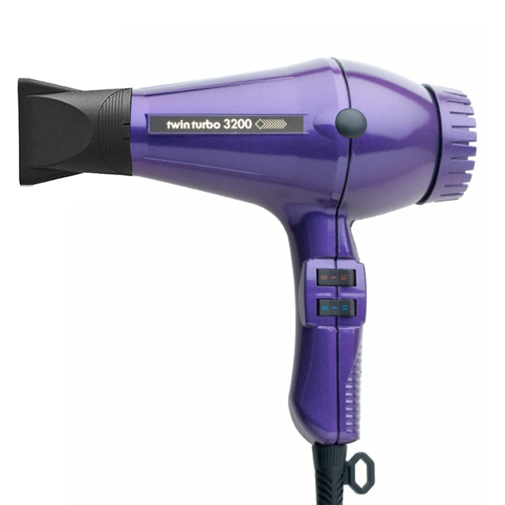 Turbo Power Twin Turbo 3200 Violet Hair Dryer with Hot Blow Attachment - Professional Salon Hair Styler for Fast Drying & Voluminous Blowouts - Perfect for Home Use, Travel & Salon Styling (2-Piece Set)