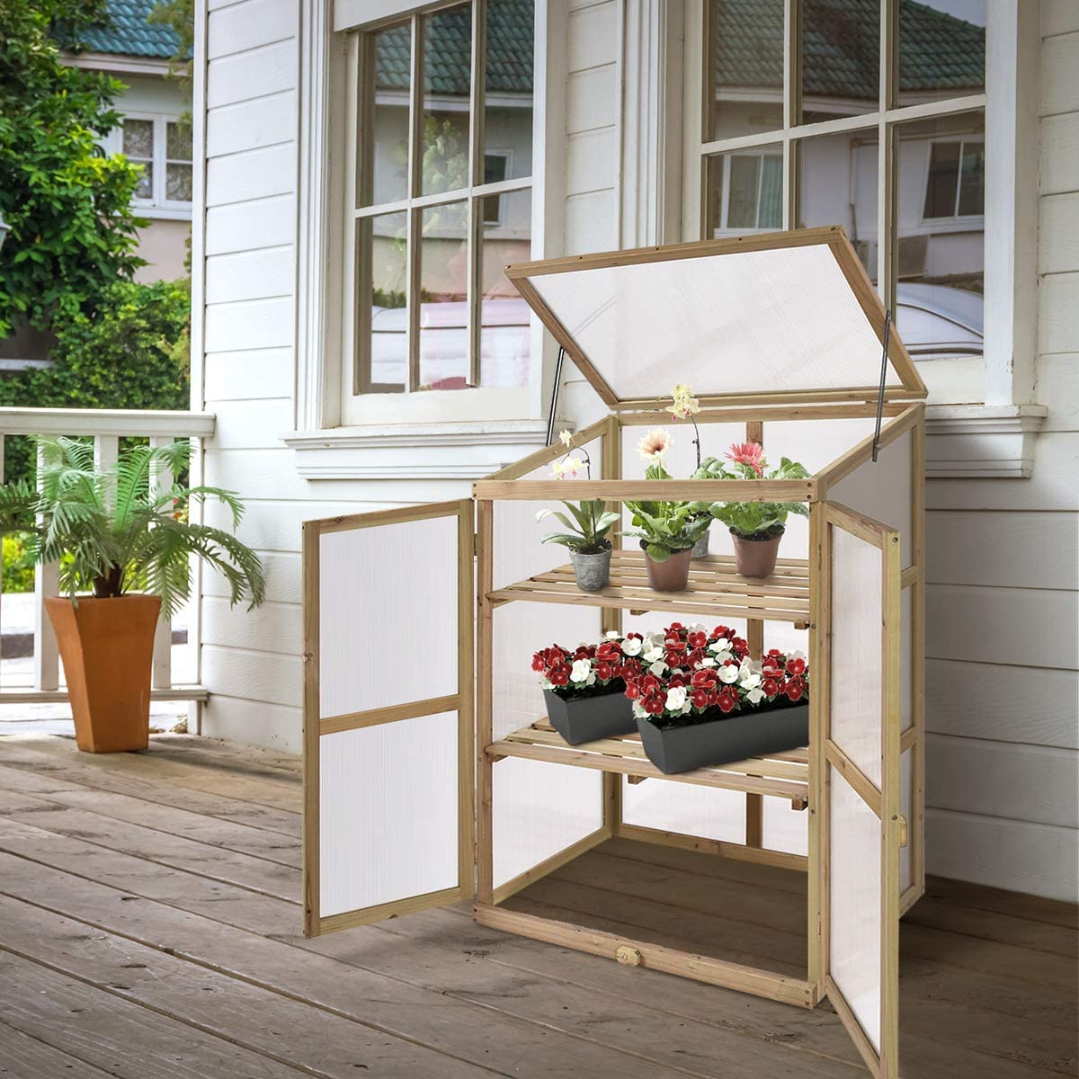 Hysache Portable Wooden Greenhouse Cold Frame - Garden Flower Planter with Openable Top & Side Doors, Removable Shelf & Hinges - Raised Bed for Outdoor Gardening, Balcony, Porch, Backyard - Perfect for Seed Starting, Plant Protection & Year-Round Growing