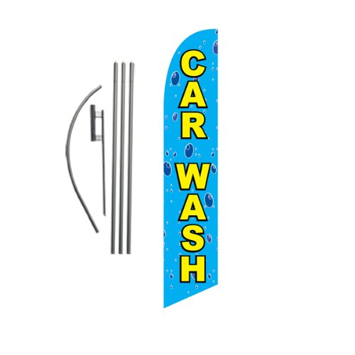 Car Wash Feather Flag Banner Swooper Flag Kit with Pole & Ground Spike - High Visibility Car Detailing Advertising Sign for Auto Wash Business, Gas Stations & Car Dealerships (Bubbles Design)