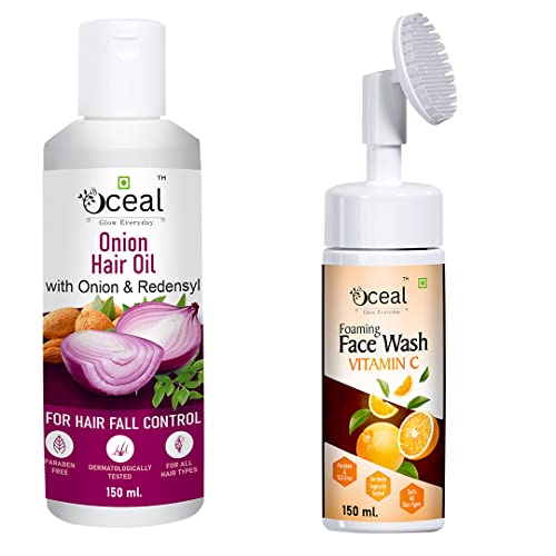 Oceal Combo Pack - Onion Hair Oil & Vitamin C Face Wash Set (150ml Each) for Hair Growth & Glowing Skin | Perfect for Daily Hair & Face Care Routine