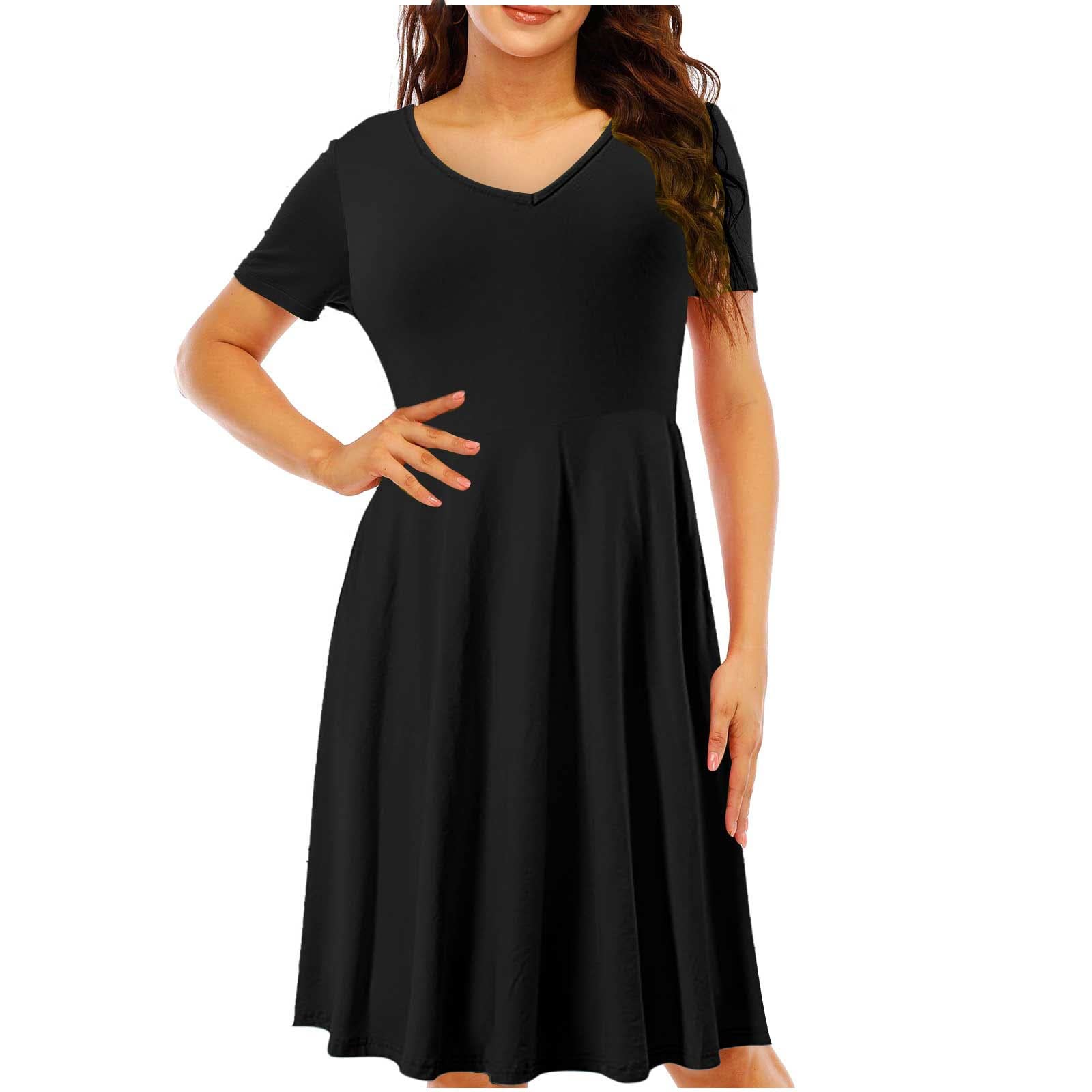 BOXIACEY Women's Summer Dresses 2023 - Comfortable Short Sleeve V-Neck Plus Size Solid Black Dress for Casual Wear, Beach Vacation & Outdoor Activities