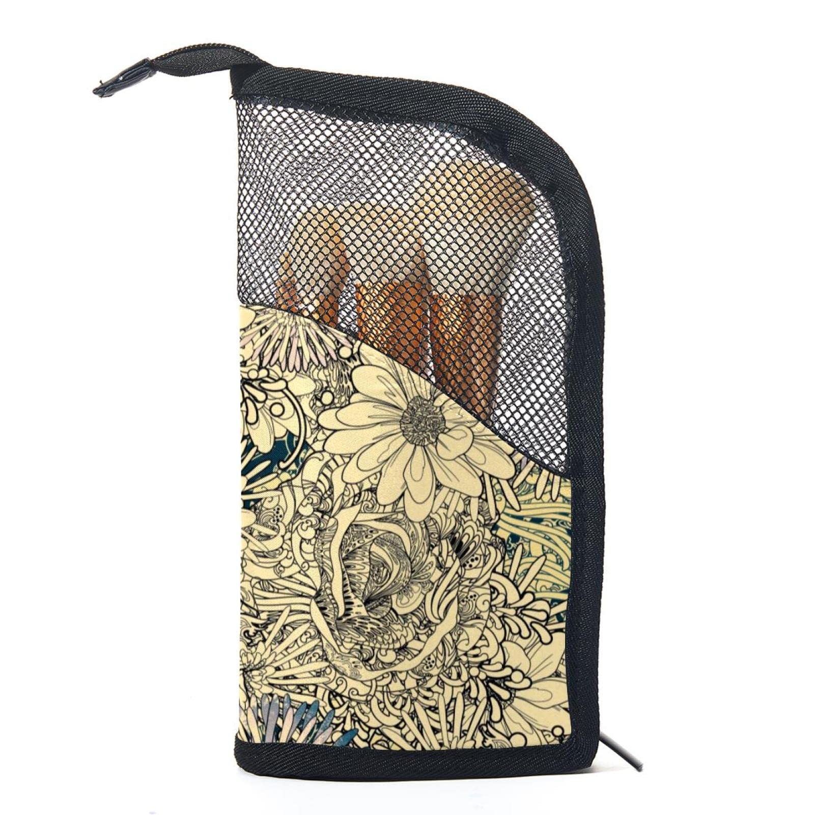 12-Piece Makeup Brush Organizer Bag with Yellow Hand-Painted Flowers - Portable Travel Cosmetic Brush Holder Set for Professional & Home Makeup Artists