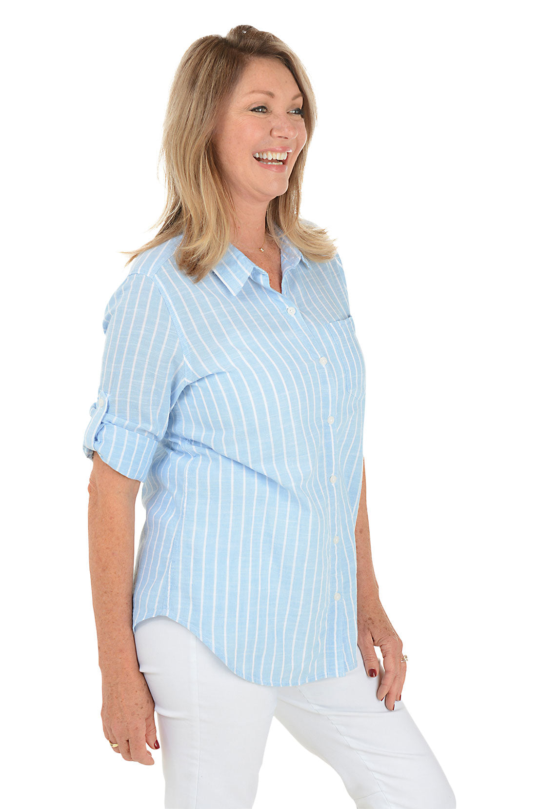Stylish Chambray Striped Cotton Roll-Up Sleeve Shirt for Men & Women | Casual Summer Button Down Top for Beach, Office & Outdoor Activities