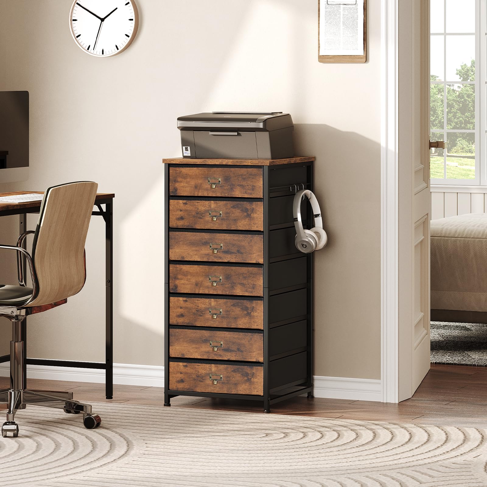 HOOBRO 7-Drawer Vertical File Cabinet, Metal Office Storage Cabinet with Drawers, Home Office Organizer - Rustic Brown & Black, Includes S-Hooks & Nameplates, Sturdy Metal Frame, Easy Assembly | Perfect for Document Storage, Office Organization & Home Workspace