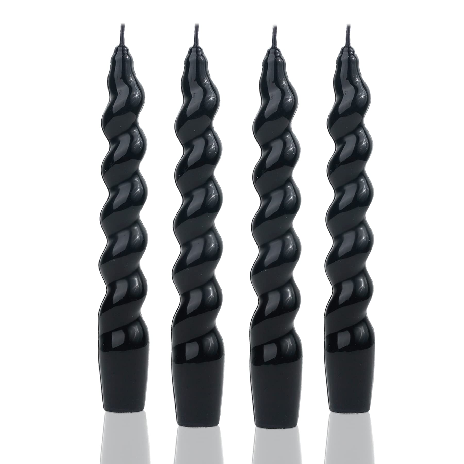 MAITREYA Black Spiral Taper Candles - Set of 4 Handmade Twisted Conical Stick Candles for Wedding, Party, Church & Home Decor - Unscented Dripless Candles 7.5 Inch - Perfect for Romantic Dinners, Holiday Centerpieces & Candlelight Ceremonies