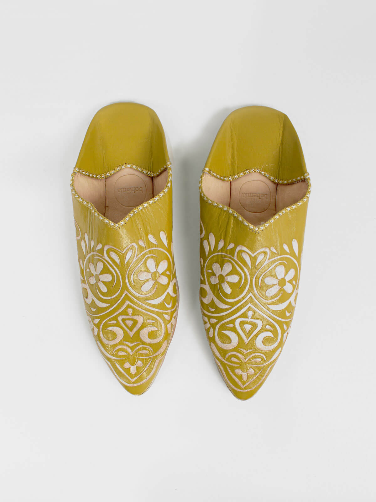 Moroccan Decorative Heart Babouche Slippers - Mustard Yellow Leather House Shoes | Perfect for Home, Lounge & Boho Chic Decor