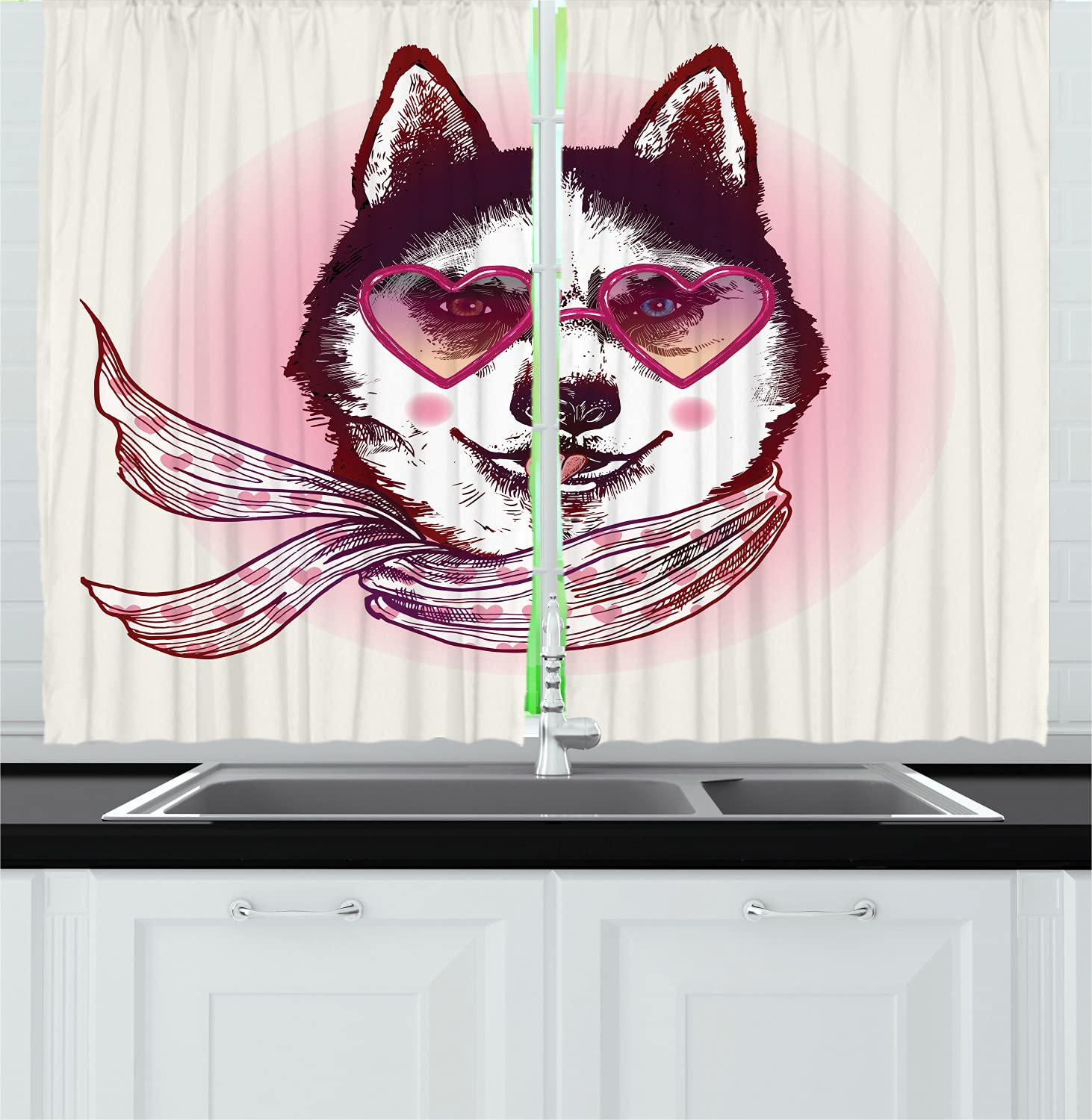 Ambesonne Cartoon Long Kitchen Curtains - Hipster Husky Dog with Hearts Sunglasses & Scarf Animal Print Drapes, 2 Panels with Rod Pocket, 55x45 Inches, Pink Cream Black - Perfect for Kitchen, Living Room, and Bedroom Decor