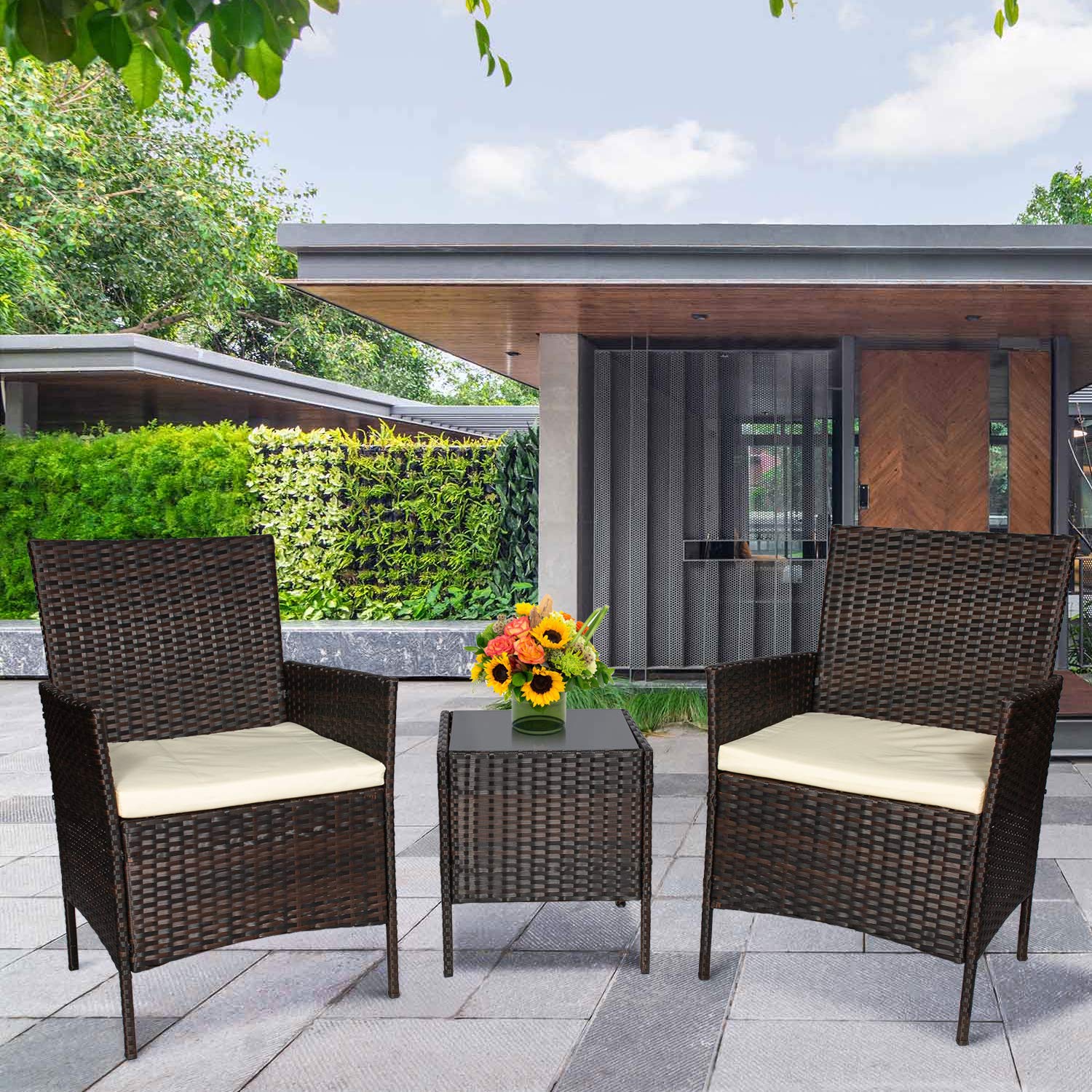 3-Piece Outdoor Patio Furniture Set - PE Wicker Rattan Chairs & Table with Cushions (Brown & Beige) - Perfect for Garden, Backyard, Poolside & Balcony Relaxation