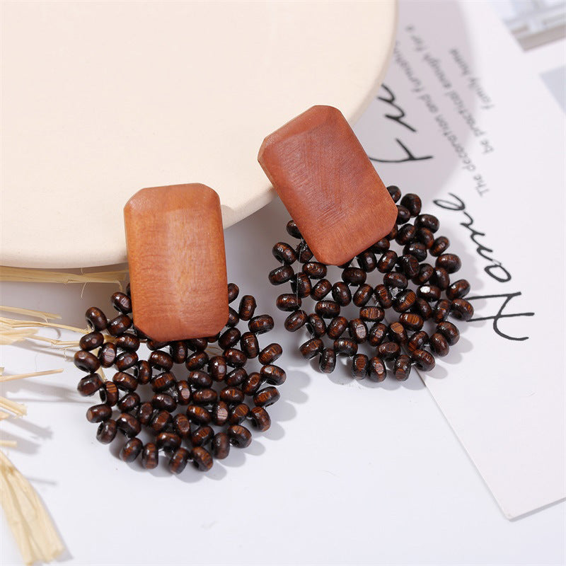 Boho Wooden Bead Drop Dangle Earrings for Women | Handmade Natural Wood Jewelry | Lightweight Statement Earrings for Casual Wear, Parties & Festivals | E9111