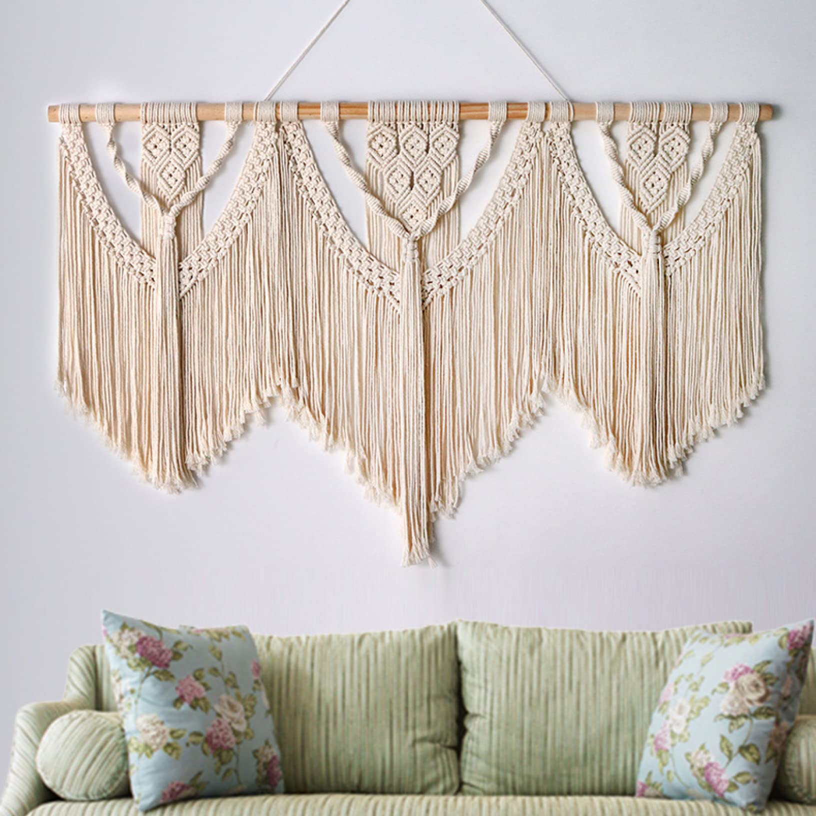 FONSMAY Large Macrame Wall Hanging with Wooden Stick - Handwoven Boho Tapestry with Tassels for Wedding Backdrop, Living Room Decor & Bedroom Wall Art
