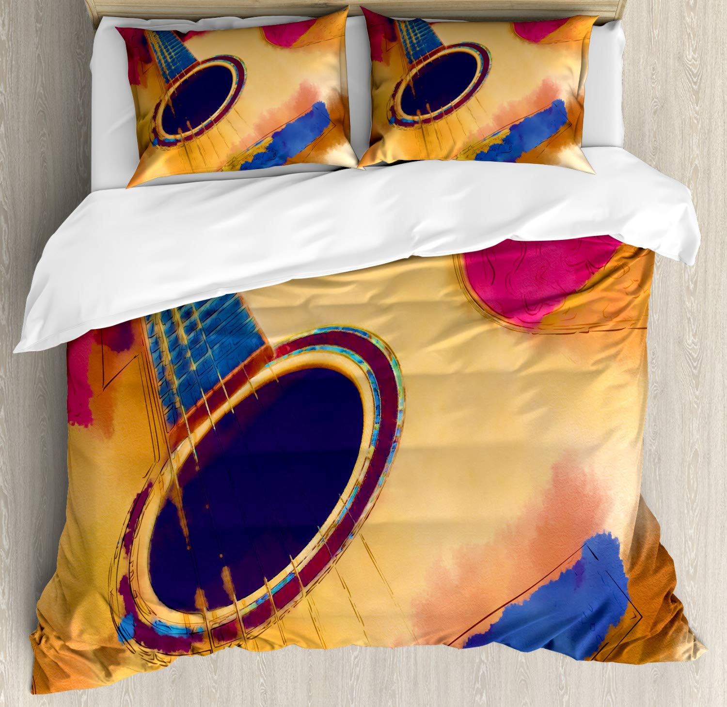 Ambesonne Guitar Duvet Cover Set - Queen Size 2-Pack with 2 Duvet Covers & 4 Pillowcases, Abstract Strings Watercolor Design in Violet Blue Magenta - Vintage Inspired Bedding for Music Lovers & Guitar Enthusiasts - Perfect for Bedrooms, Dorms, Guest Rooms & Gift Giving