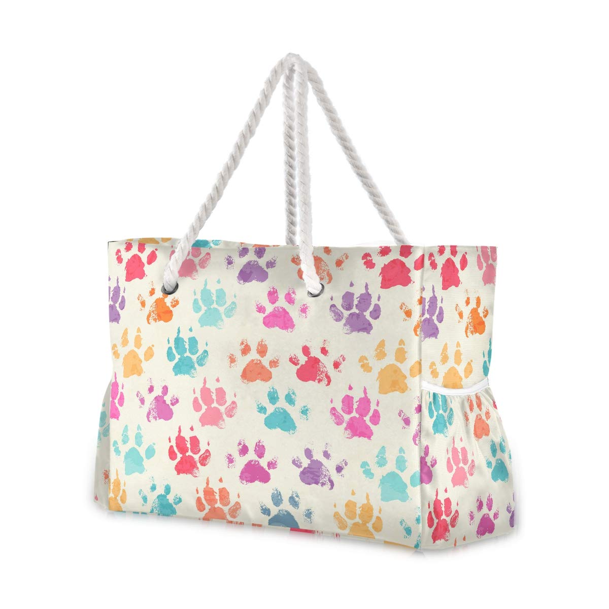 ALAZA Colorful Dog Paws Print Vintage Large Beach Tote Bag for Women - Reusable Grocery Shoulder Bag with Zipper Pocket - Perfect for Beach Trips, Shopping & Travel