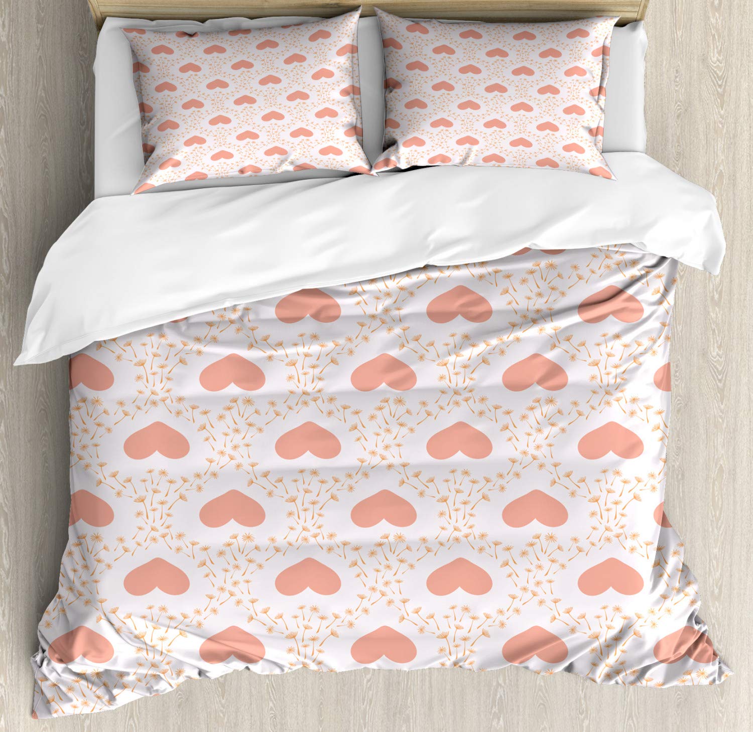 Ambesonne Romantic Duvet Cover Set - King Size 3 Piece Bedding with 2 Pillow Shams, Pastel Nature Floral Design with Hearts & Dandelions in Salmon Pale Pink for Cozy Bedroom Decor | Perfect for Master Bedroom, Guest Room & Romantic Getaways