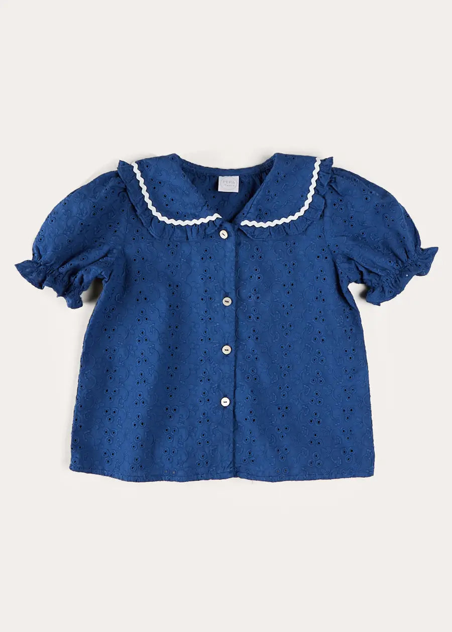 Blue Broderie Anglaise Statement Collar Short Sleeve Blouse for Girls (4-12 Years) - Perfect for School, Parties & Special Occasions