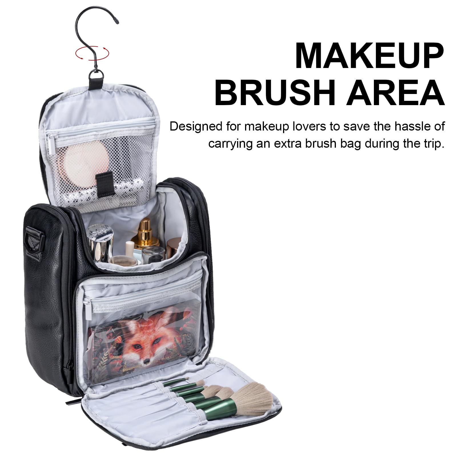 BOOMRICH Large Leather Travel Makeup Bag for Women - Hanging Toiletry Organizer with 360° Hook & Adjustable Shoulder Strap - Fits Full-Sized Cosmetics, Brushes & Toiletries (Black) - Perfect for Vacation, Business Trips & Gym Essentials