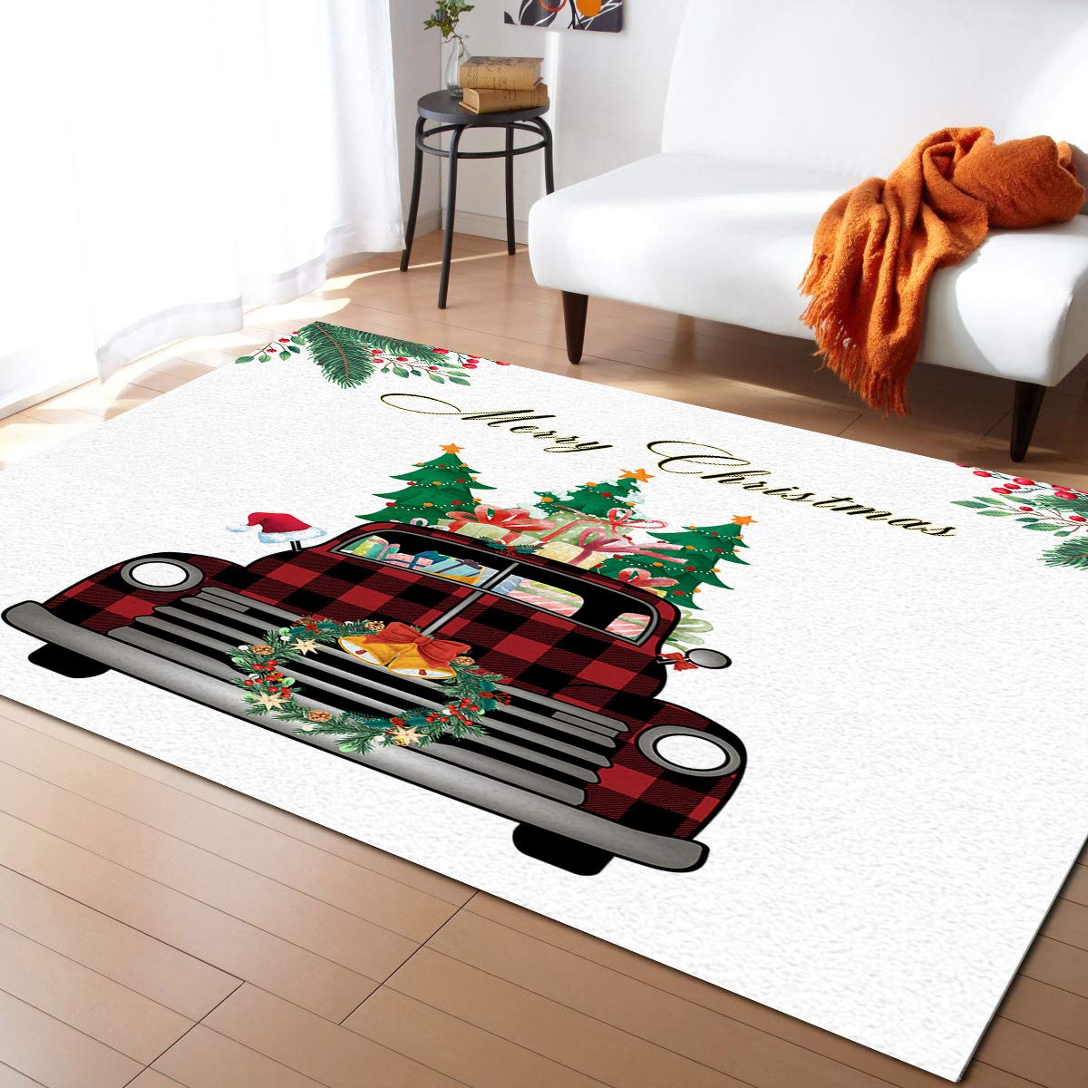 5'x7' Large Non-Slip Christmas Area Rug - Red Black Truck with Wreath Design, Soft Throw Carpet for Living Room, Bedroom, Kitchen & Bathroom | Holiday Decor, Cozy Home Floor Mat, Perfect Christmas Gift for Family & Friends