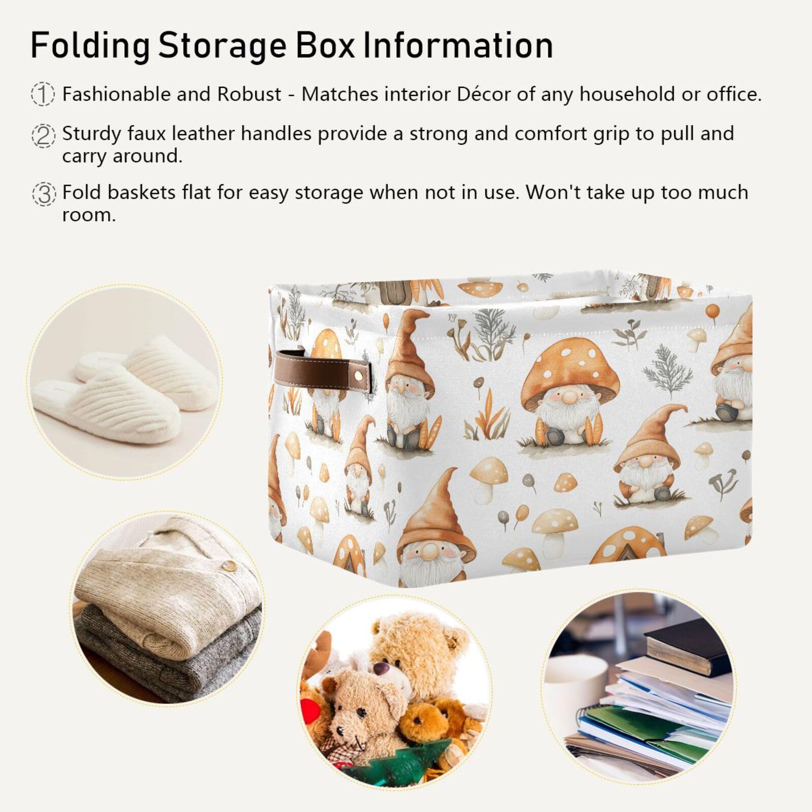 Qilmy Mushroom Gnome Storage Basket 2 Pack - Collapsible Canvas Rectangular Bin with Leather Handles for Closet, Office, Nursery & Home Organization | Perfect for Toy Storage, Blanket Baskets & Bedroom Decor