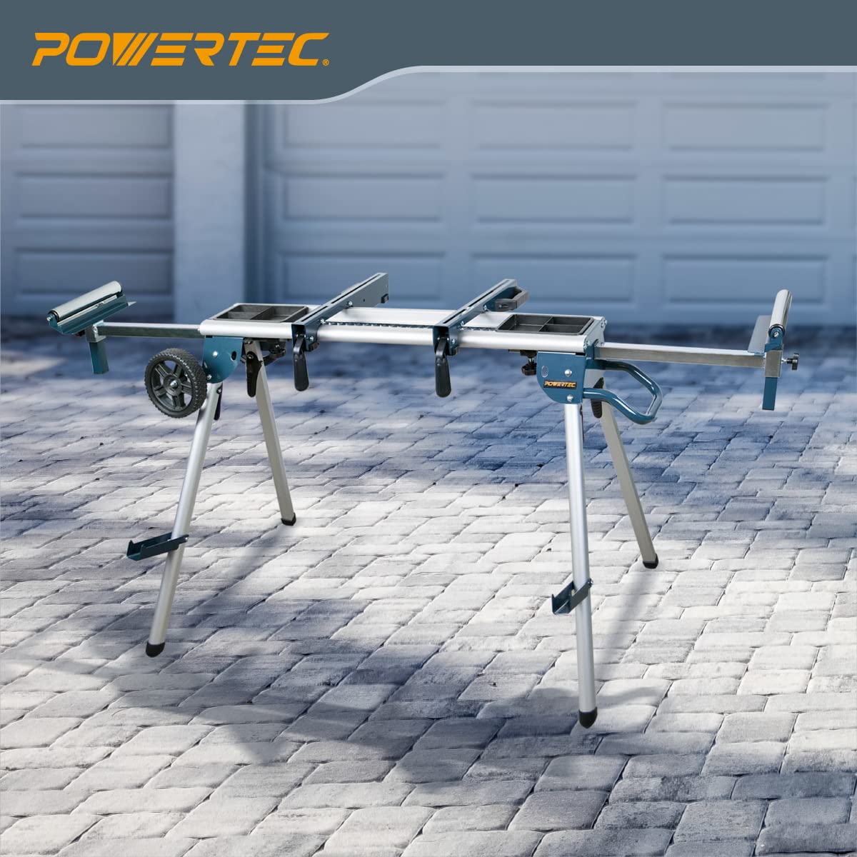 POWERTEC MT4008 Heavy Duty Miter Saw Stand with Wheels - Collapsible Portable Workbench with Tool Storage Trays, 330Lbs Capacity & Quick Release Brackets - Perfect for Job Sites, Workshops and DIY Projects
