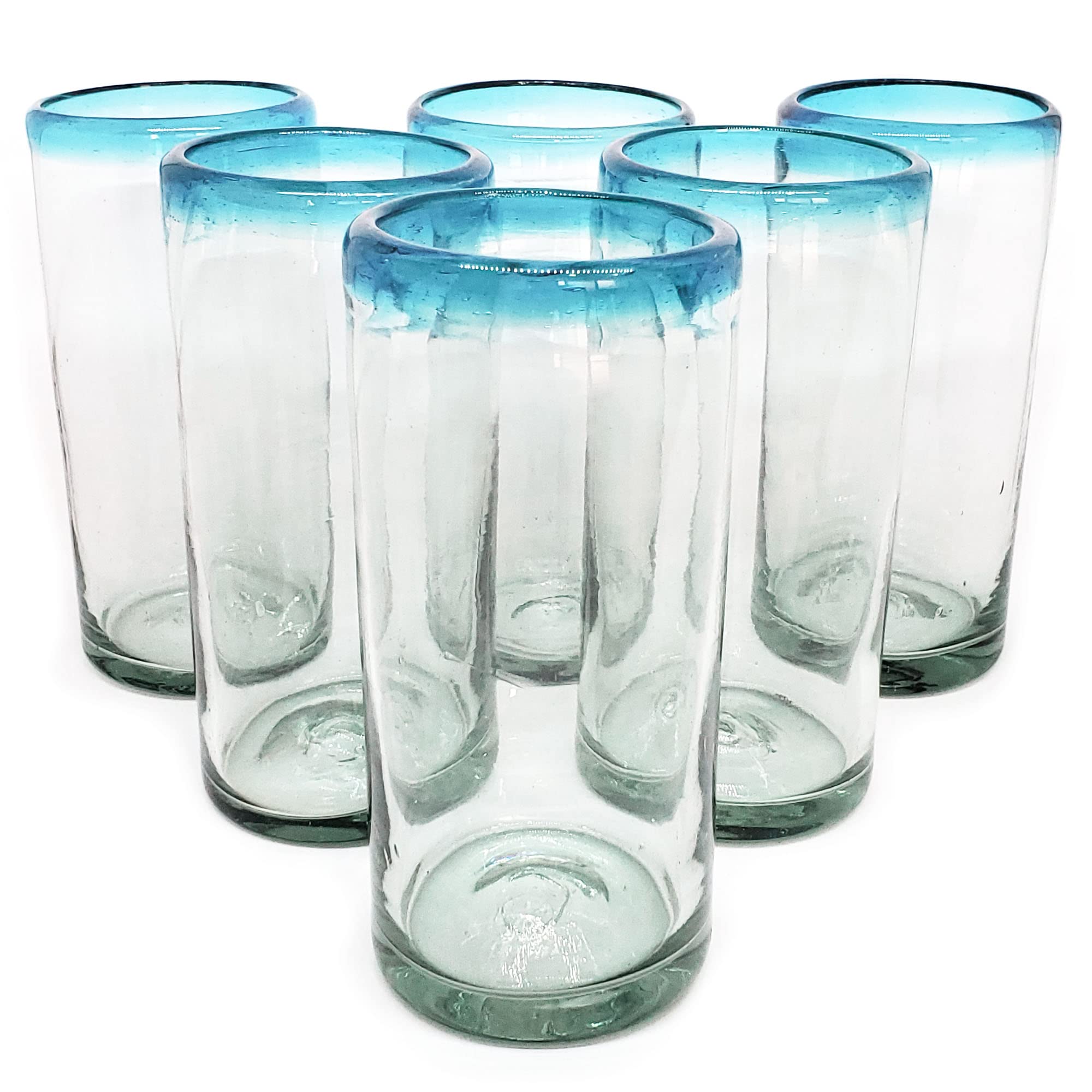 Premium 20 oz Aqua Blue Rim Tall Iced Tea Glasses - Set of 6 Handmade Mexican Recycled Glass Cups | Lead-Free & Non-Toxic | Perfect for Iced Tea, Lemonade, Cocktails & Summer Beverages