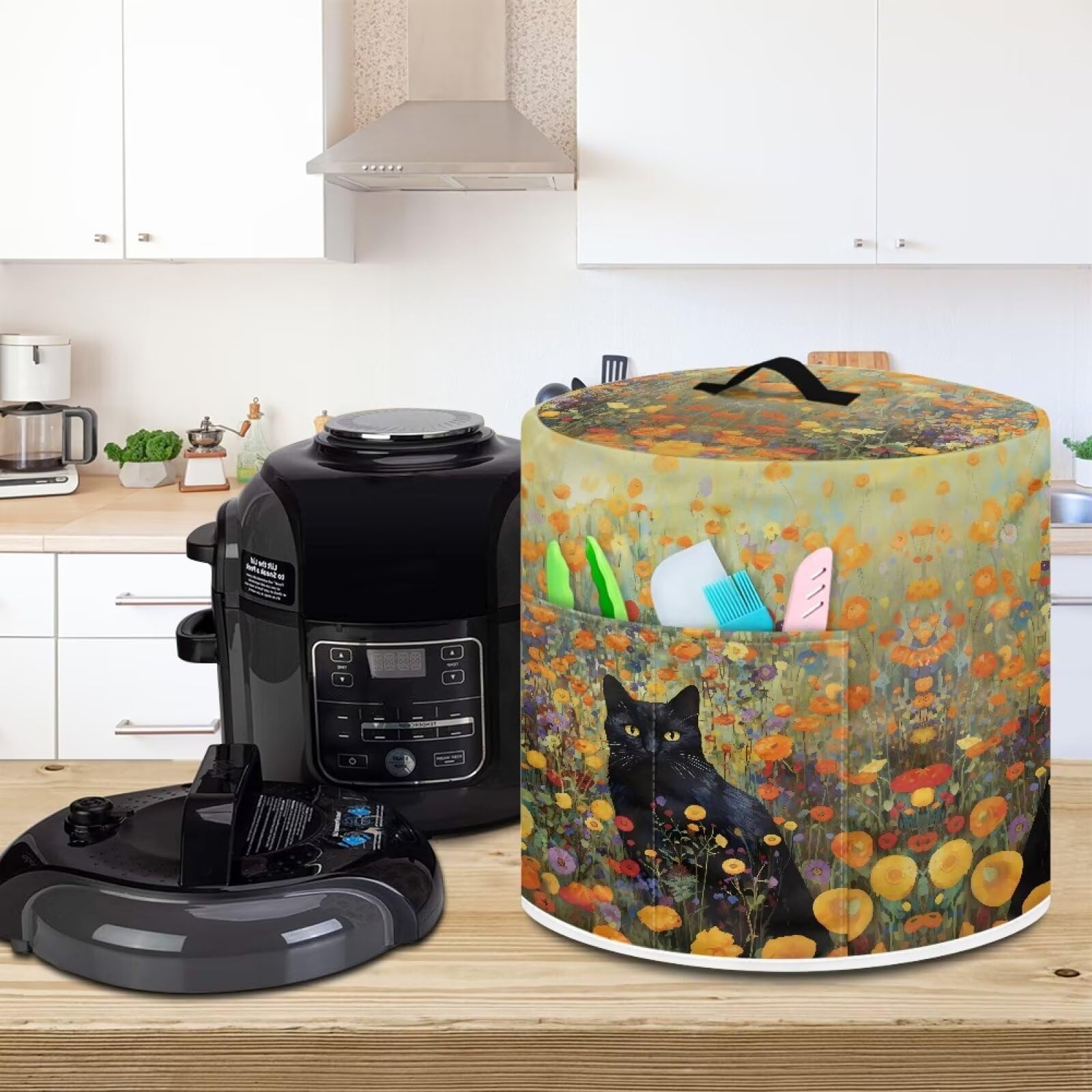 Xoenoiee Black Cat Floral Pattern Kitchen Appliance Dust Cover with Pockets - Compatible with 8 Qt Electric Pressure Cooker, Rice Cooker & Air Fryer - Stylish Protection for Countertop Appliances