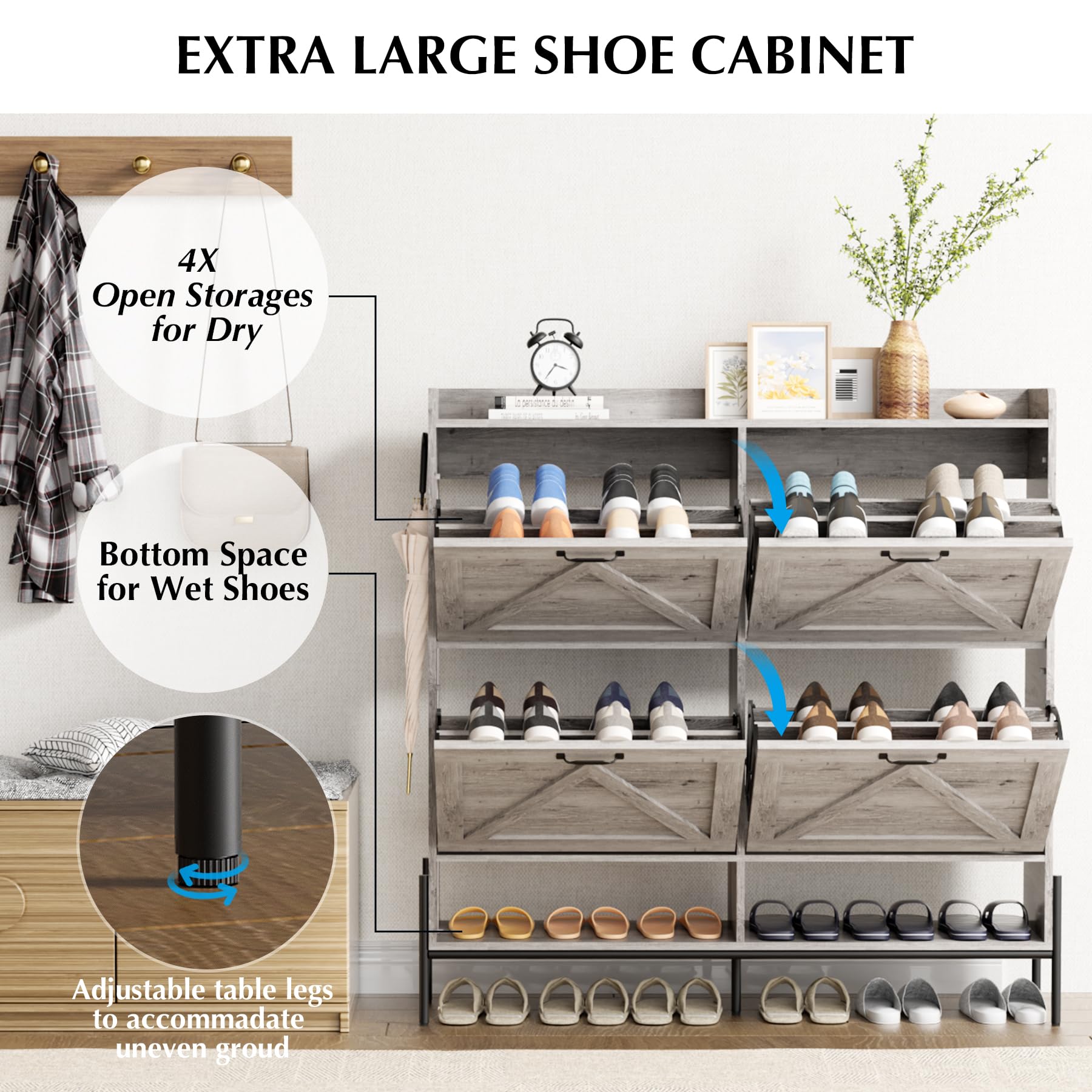 4-Tier Shoe Storage Cabinet with Flip Drawers - Freestanding Entryway Shoe Organizer Rack, Dry & Wet Separation Design with Sturdy Metal Legs, Space-Saving Grey Shoe Cabinet for Hallway, Closet, or Mudroom Organization