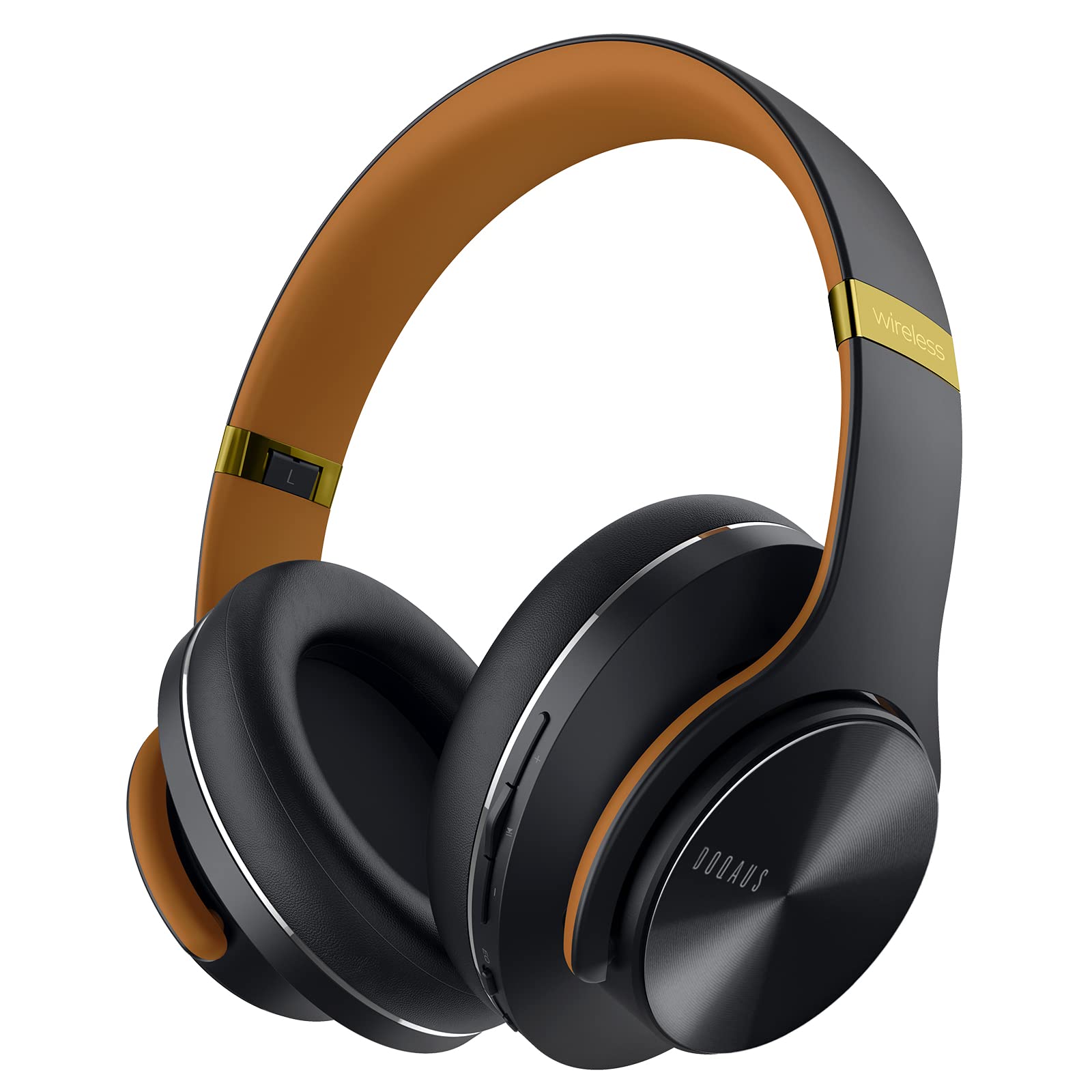 DOQAUS Wireless Over-Ear Bluetooth Headphones - 90H Playtime, HiFi Stereo, 3 EQ Modes, Foldable Design with Built-in Mic for PC, Phone & Tablet (Black Brown) - Perfect for Work, Travel & Gaming