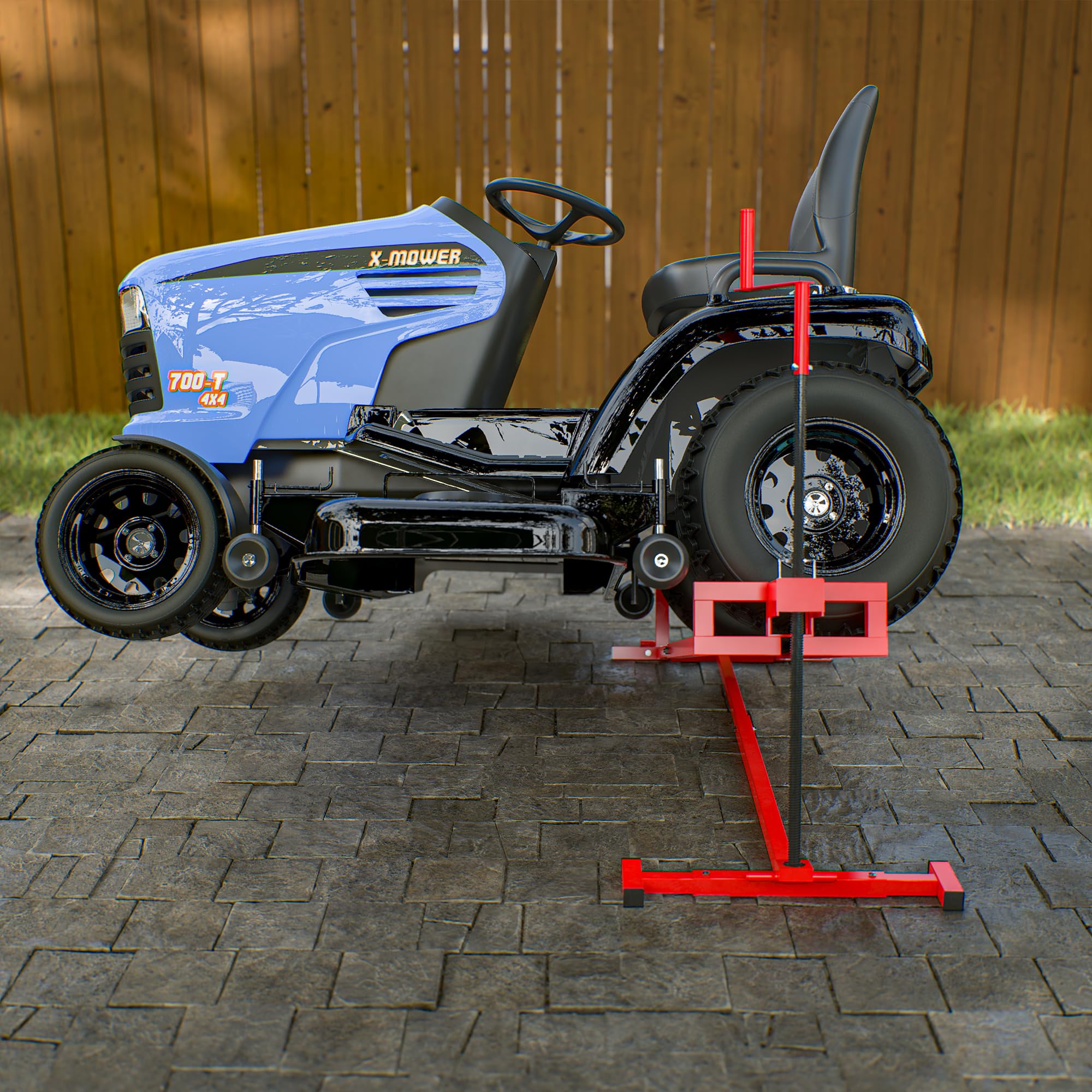 Heavy Duty Riding Mower Lift - 882LBS Capacity Lawn Tractor Jack with Manual & Power Tool Handles - Red Garden Tractor Lifting Platform for Mower Maintenance (Perfect for DIY Repairs, Tire Changes & Seasonal Storage)