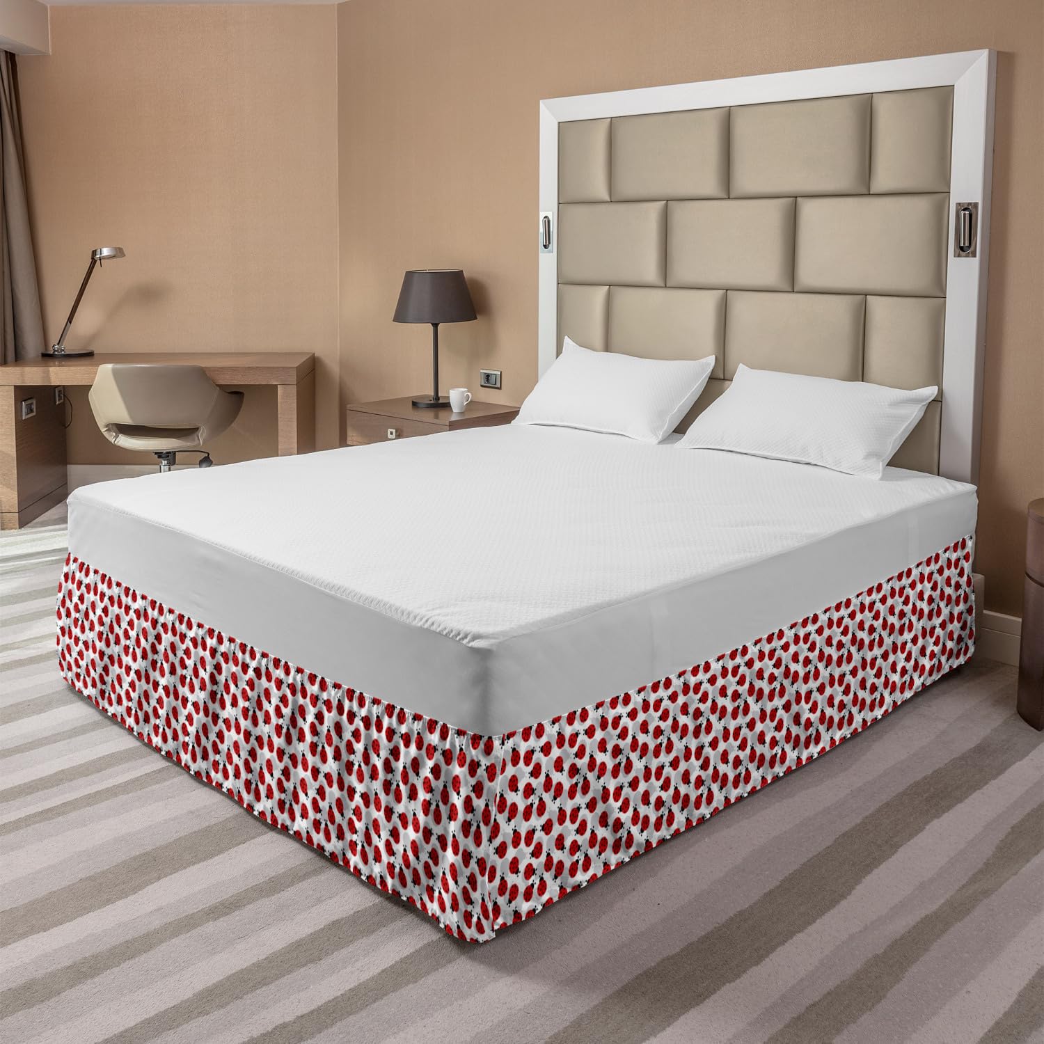 Ambesonne Ladybug Bed Skirt - Spring Polka Dot Insect & Silhouette Design, Wrap Around Elastic Gathered Bedroom Decor for Queen Size Beds (Vermilion/Pale Grey) | Perfect for Spring Bedroom Refresh & Themed Nursery Decor