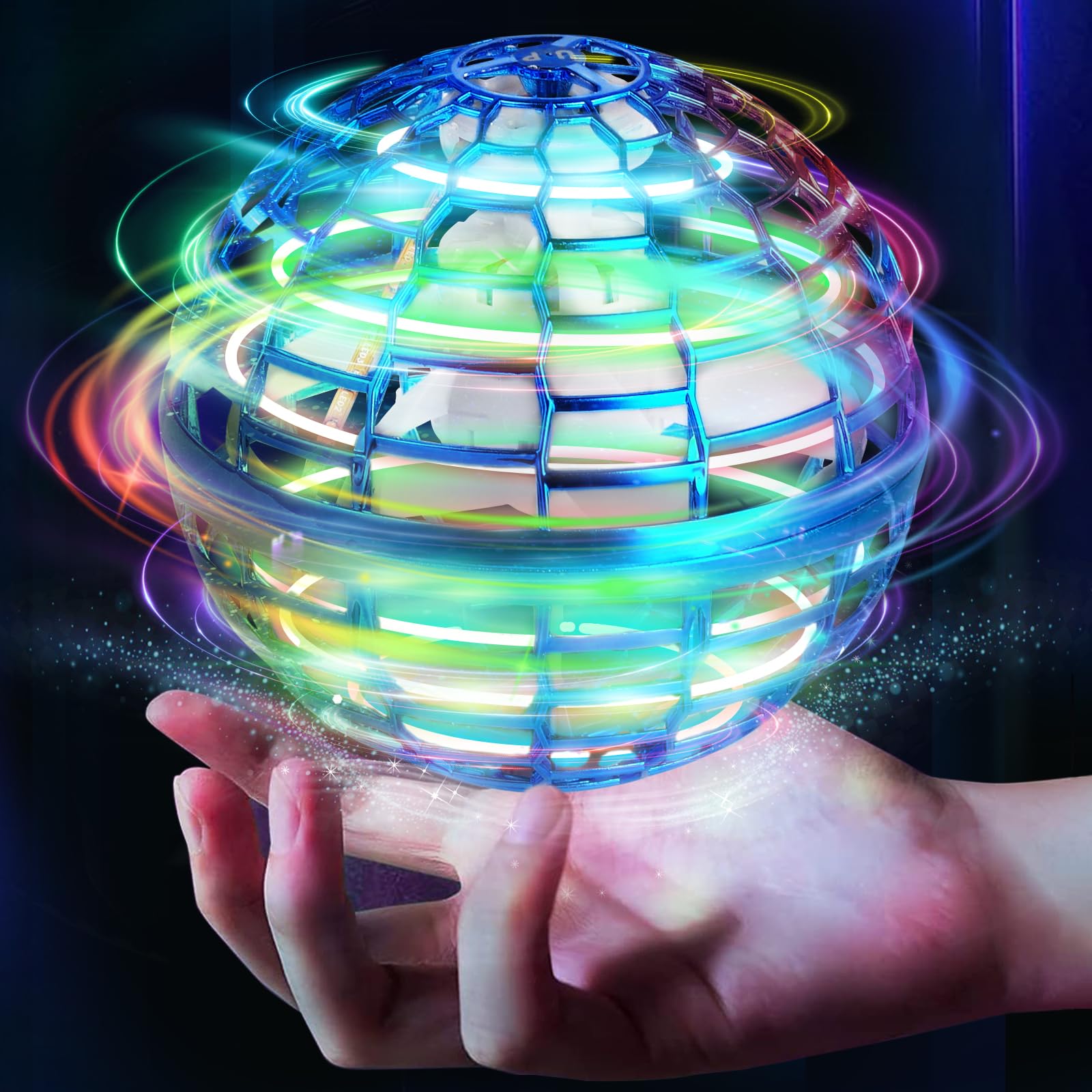 360° Rotating Hand Controlled Flying Ball Toy with LED Lights - Mini Drone Boomerang Fly Spinner for Kids & Adults - Indoor/Outdoor Magic Globe (Blue) - Perfect for Parties, Backyard Fun & Stress Relief