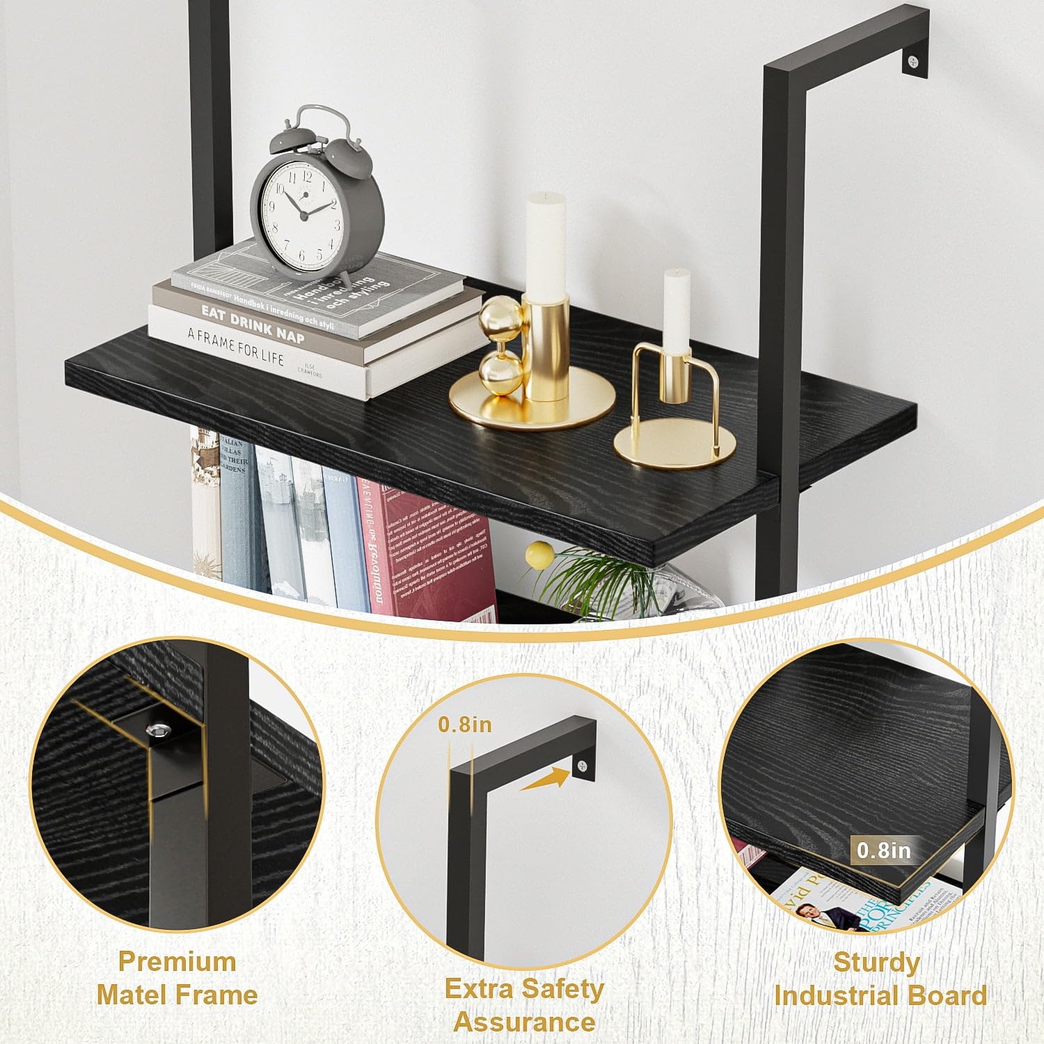 5-Tier Metal Ladder Shelf - Wood Wall Mounted Bookcase & Open Display Organizer for Living Room, Office, Hallway - Space Saving Storage Solution for Books, Decor & Essentials (Black)