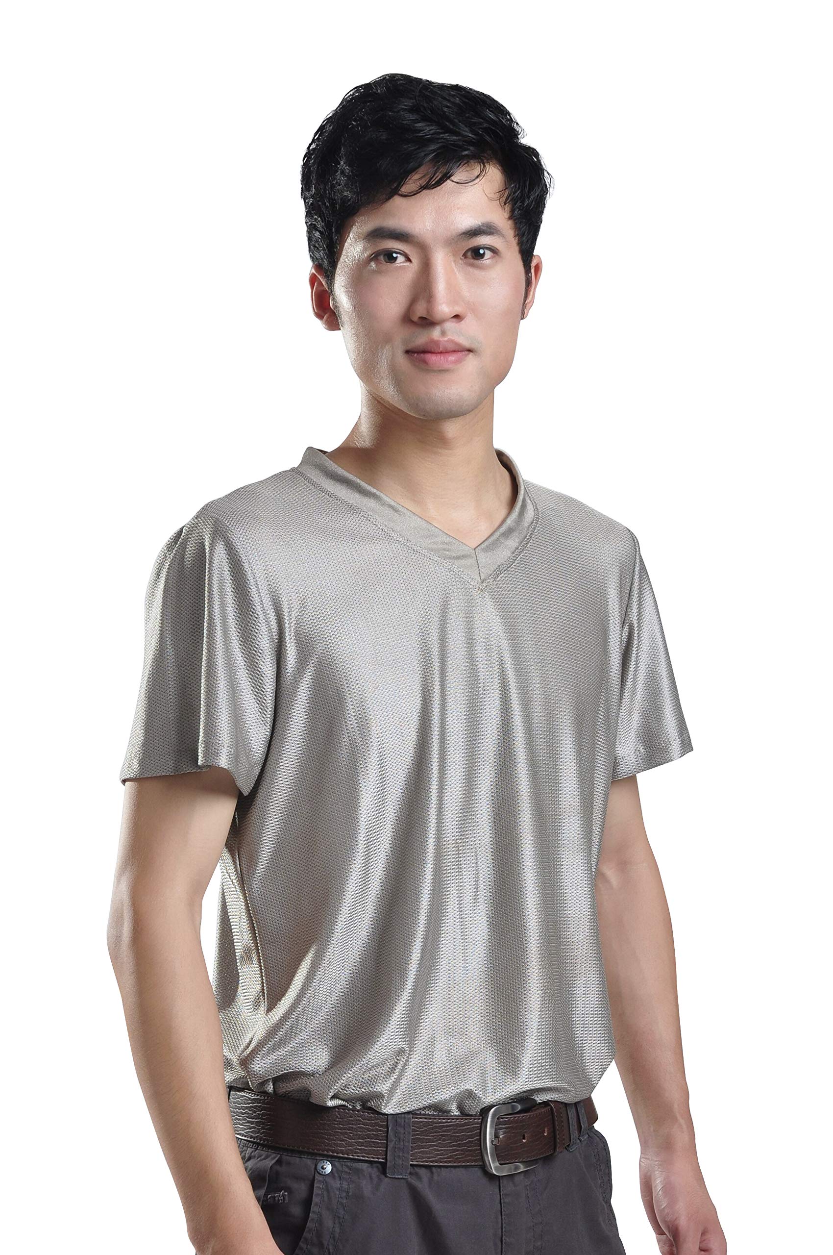EMF Protection RFID Blocking Men's V-Neck T-Shirt - Silver Computer Radiation Shield for Office & Travel Use