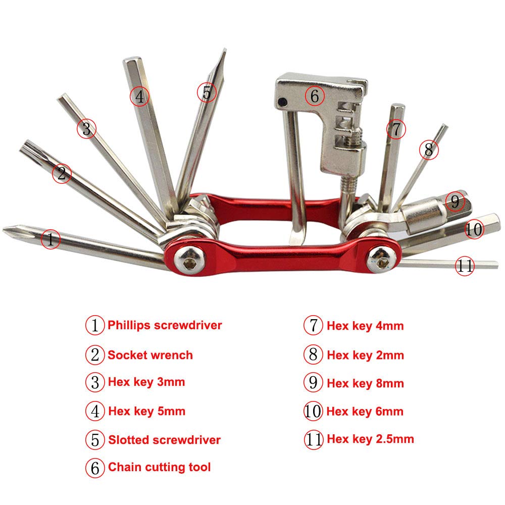 QitinDasen 11-in-1 Bike Repair Tool Kit - Multifunctional Portable Foldable Bicycle Maintenance Tool for Road & Mountain Bikes (Red) - Perfect for Home Repairs, Cycling Trips & Emergency Fixes