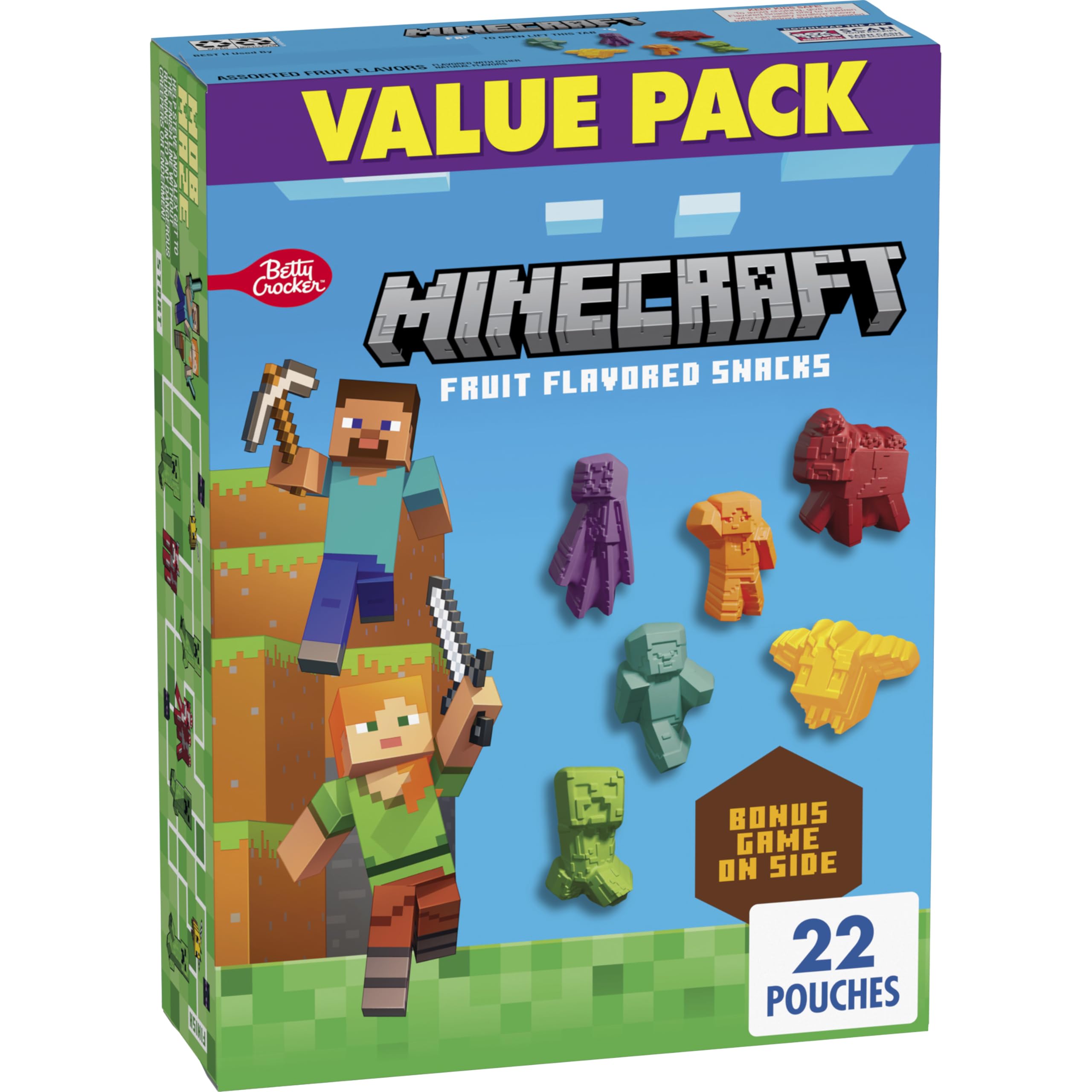 Betty Crocker Minecraft Fruit Flavored Snacks for Kids - Fat Free, Gluten Free, 17.6 oz Value Pack (22 Pouches) - Perfect for School Lunches, Birthday Parties & Gaming Snacks