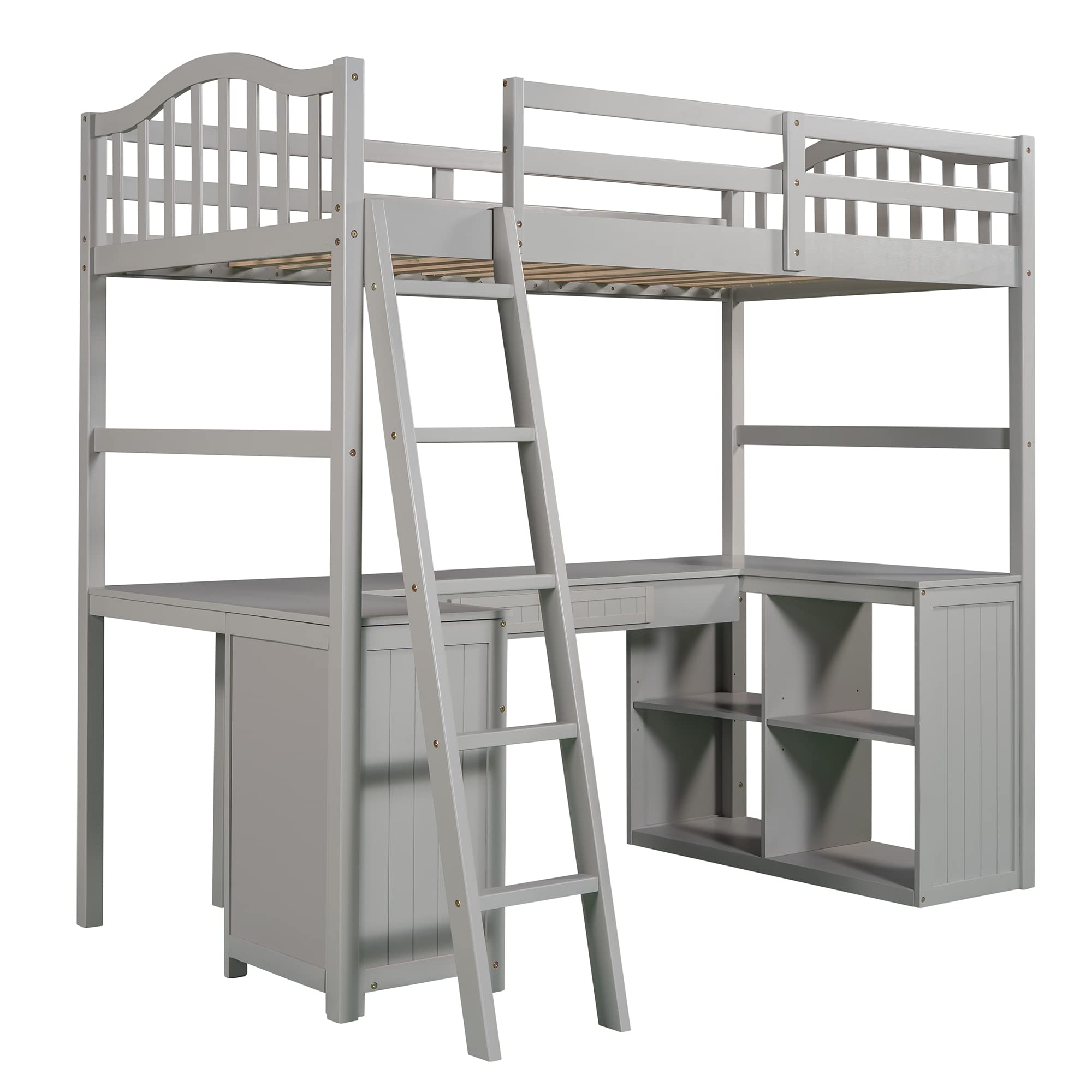 Merax Twin Size Wooden Loft Bed with Built-in Desk, 2 Drawers & Storage Cabinet - Space-Saving Multi-Functional Bed Frame with Ladder & Safety Guardrails - No Box Spring Needed - Grey - Perfect for Kids Rooms, Small Apartments & Dorm Rooms