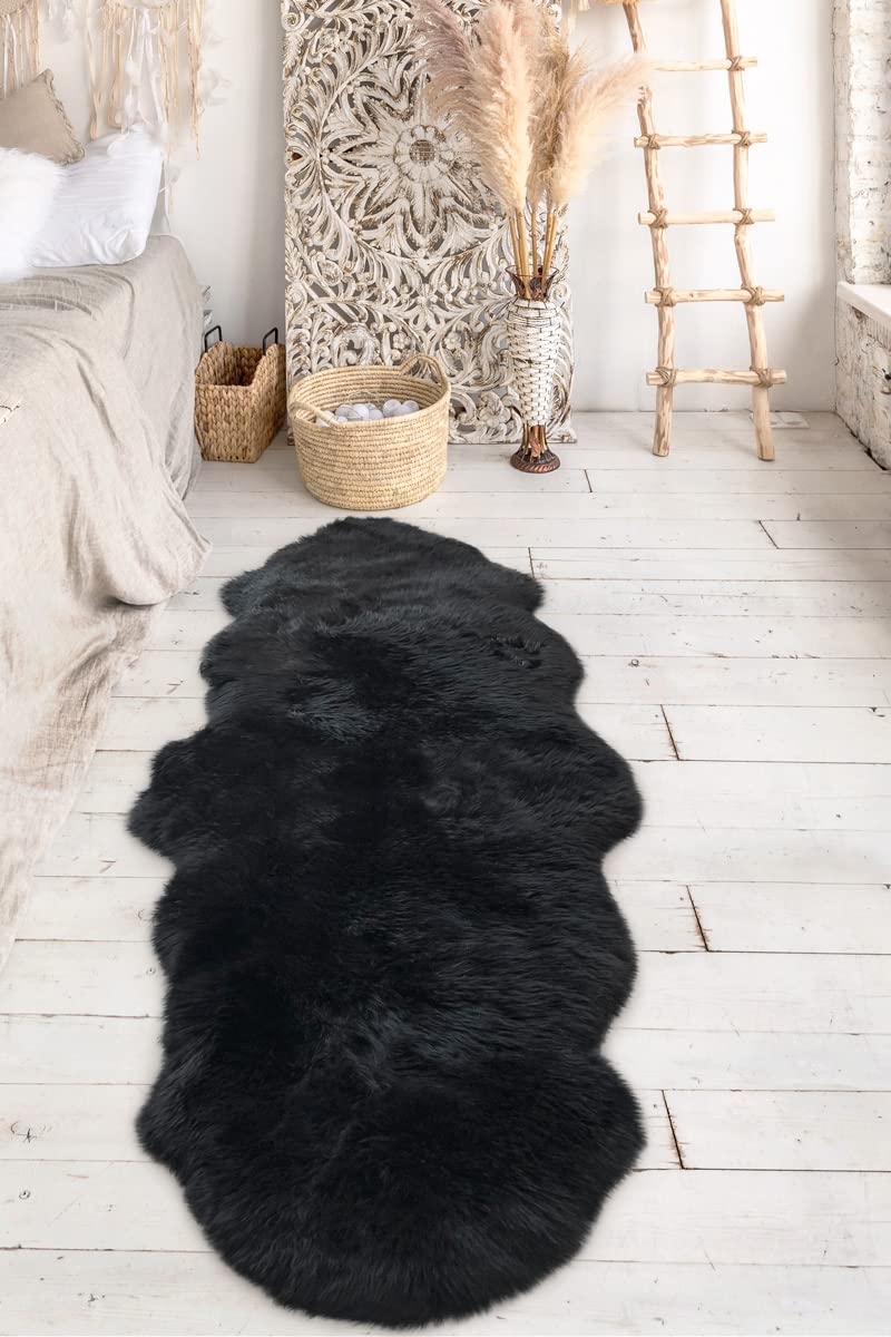 LAMBZY Genuine Sheepskin Silky Area Rug - Ultra Soft & Durable with Non-Slip Bottom - Machine Washable Stain Resistant - 2' x 6' Black - Perfect for Kids Room, Nursery, Living Room & Bedroom Decor - Cozy Home & Office Floor Mat for Cold Weather Comfort