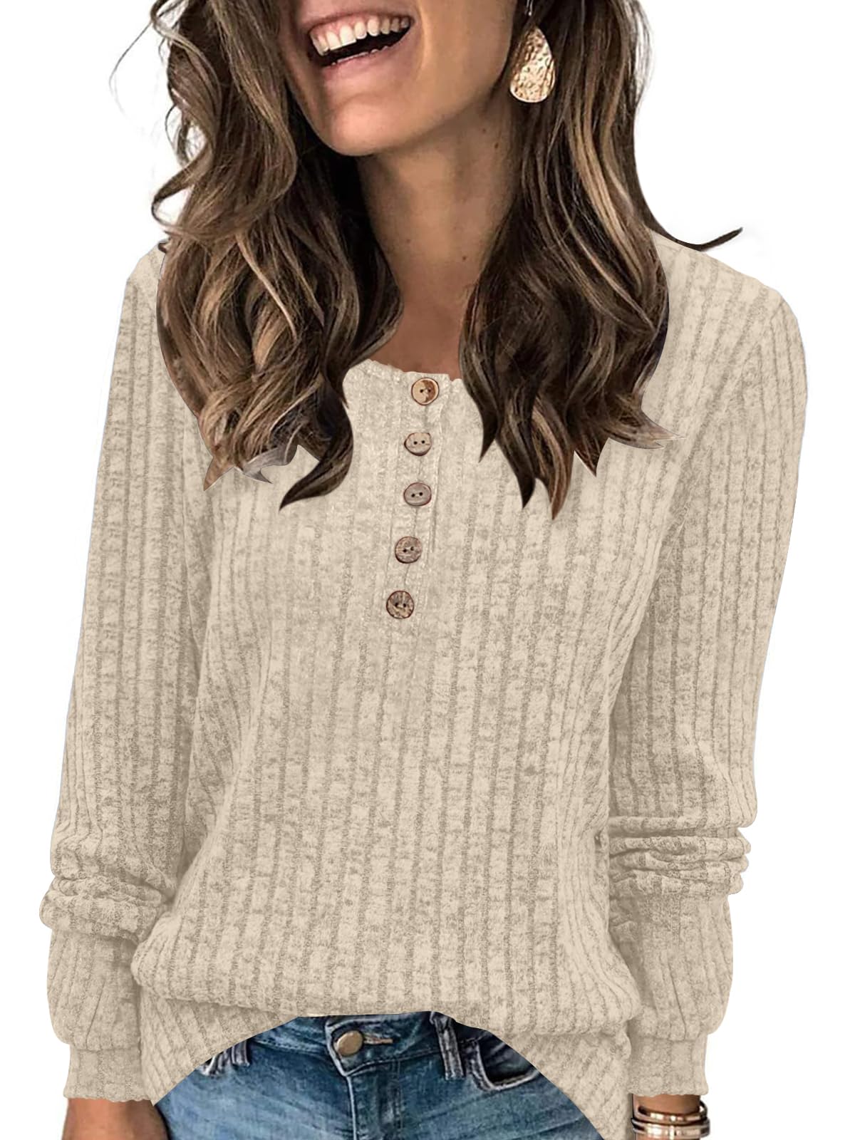 DB MOON Women's Lightweight Sweaters 2025 - Long Sleeve Henley Shirt, Fall Casual Crewneck Tunic Tops for Women - Perfect for Office Wear, Weekend Outings and Layering in Cool Weather