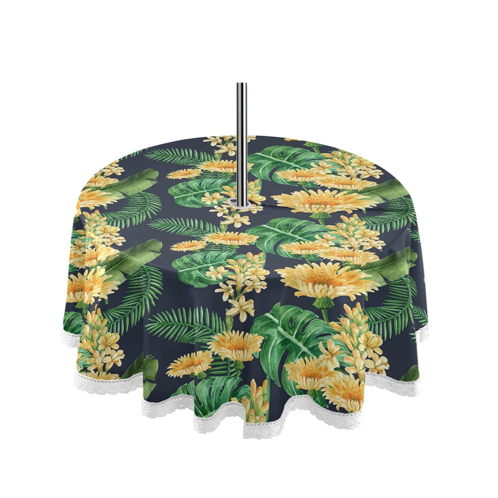 Tropical Leaf Print Outdoor Tablecloth with Umbrella Hole & Zipper - Waterproof Picnic Table Cover for Spring Summer - Machine Washable for Backyard, Patio, Garden Party Decor - Perfect for BBQs, Outdoor Dining & Beach Picnics