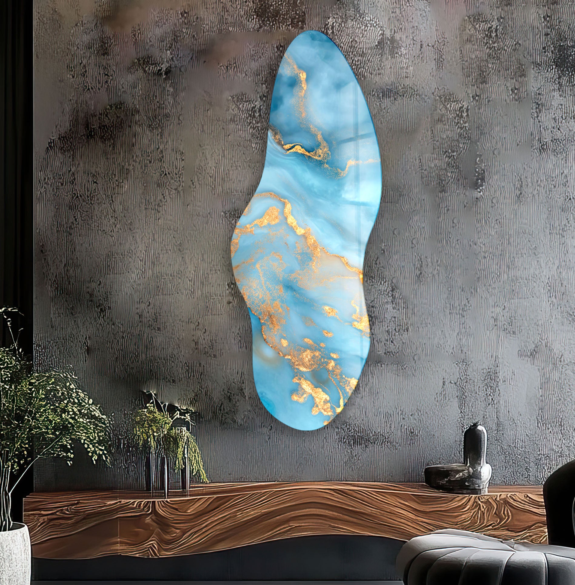 Blue Marbled Asymmetrical Glass Wall Art - Handcrafted Modern Home Decor for Living Room, Bedroom & Office - Unique Abstract Hanging Art Piece for Contemporary Interior Design