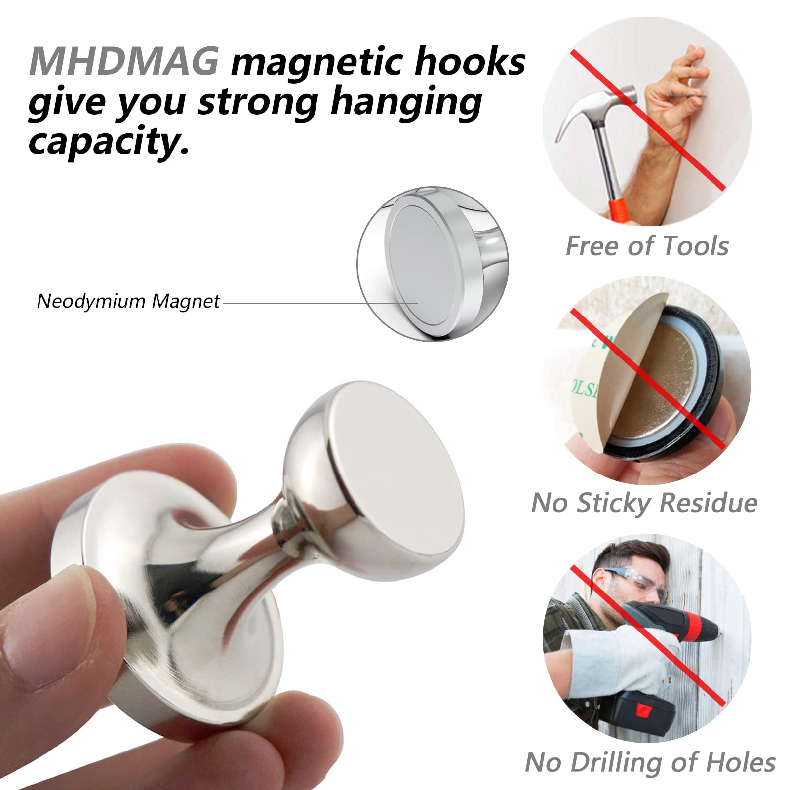 Heavy Duty Magnetic Hooks with Rare Earth Neodymium - 8 Pack Strong Coat Hangers for Home, Office, Travel & Bags - Durable D36 Silver Magnet Hooks for Hanging Coats, Keys, Tools & Decor in Any Space