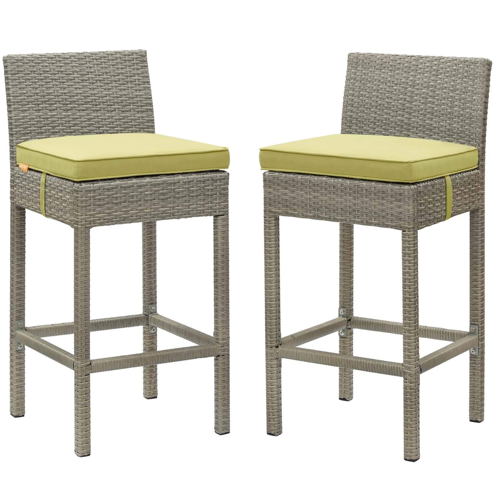 Modern Outdoor Patio Bar Stool Set of 2 - Green Fabric Rattan Wicker Chairs for Garden, Poolside, or Balcony Relaxation