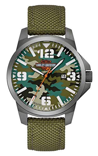 Harley-Davidson Men's Black & Silver Camouflage Print Stainless Steel Watch with Nylon Strap 78B157 - Durable Outdoor Military Style Watch for Adventure, Hunting & Casual Wear