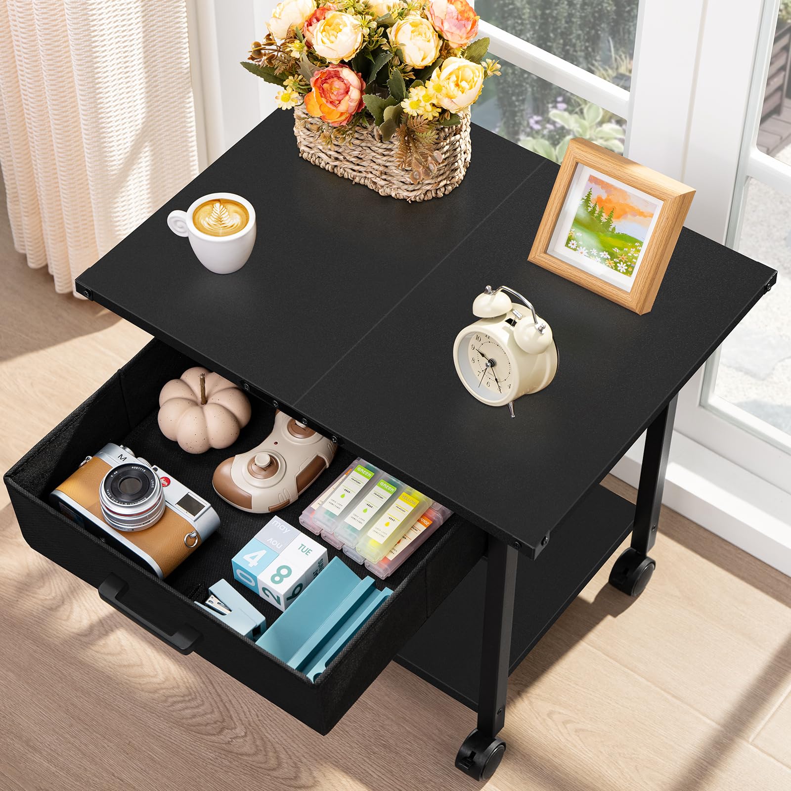 Lerliuo Under Desk Rolling Printer Stand with Drawer - 2-Tier Industrial Mobile Printer Cart with Storage Shelf & Steel Frame - Lockable Wheels for Home & Office (Black) | Perfect for Compact Spaces, Document Organization & Workspace Efficiency
