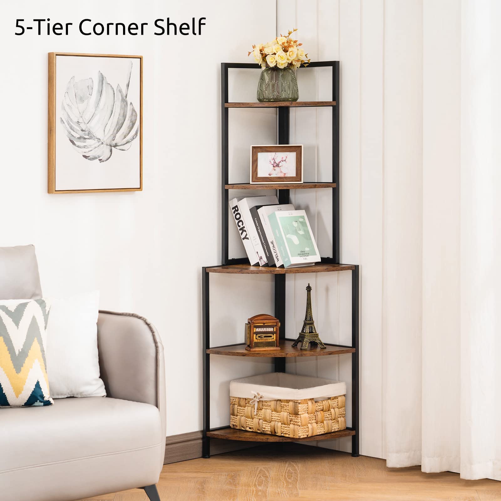 Apicizon 5-Tier Corner Shelf - Industrial Metal Frame Bookcase, Rustic Brown Storage Rack for Books, Plants & Decor | Perfect for Small Spaces, Home Office, Kitchen & Living Room Display