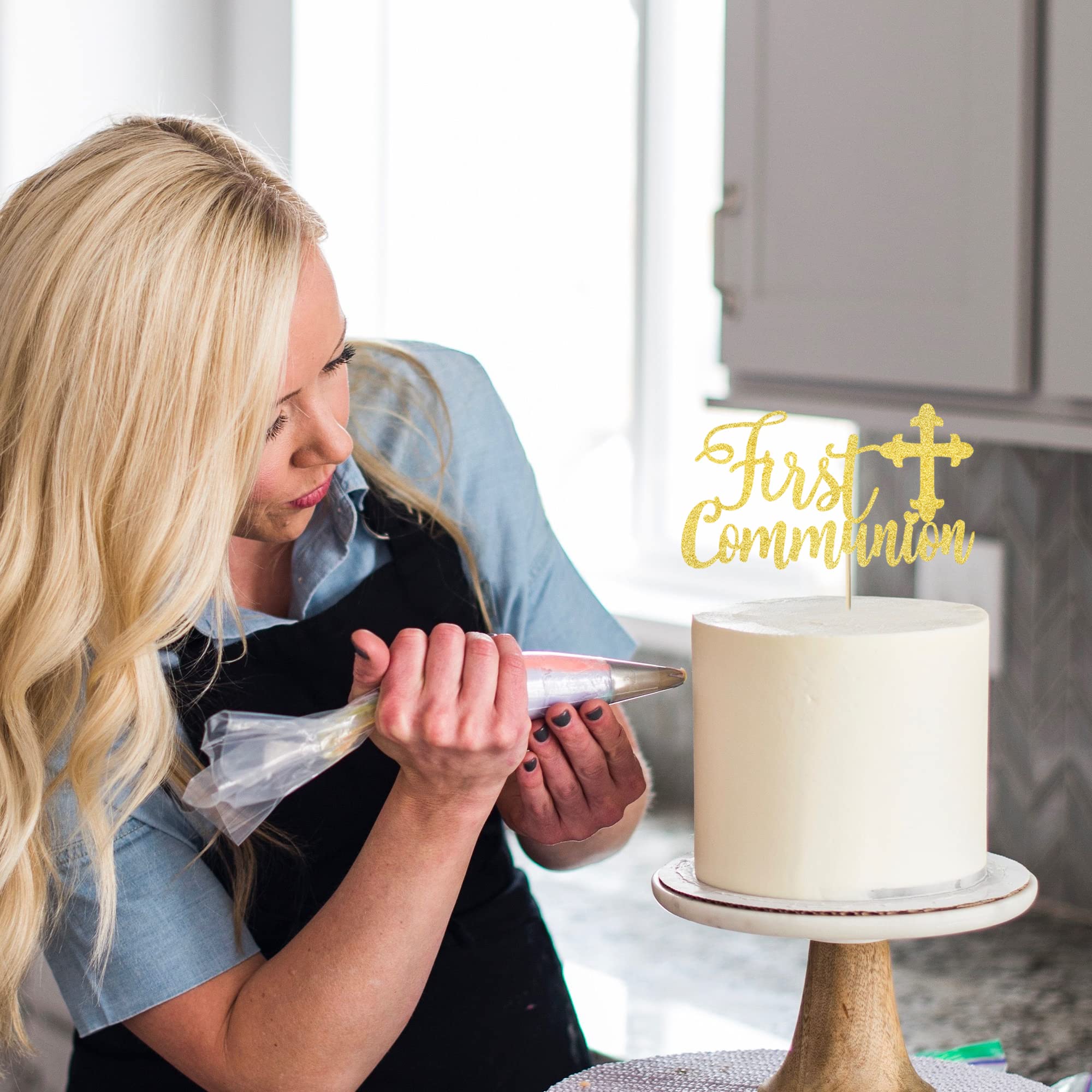 1 Pack Gold Glitter Cross Cake Topper - First Communion Cake Decoration for Baptism, Baby Shower & Birthday Party - Religious Cross Cake Picks for Christian Celebrations (Perfect for Church Events, Family Gatherings & Holiday Desserts)