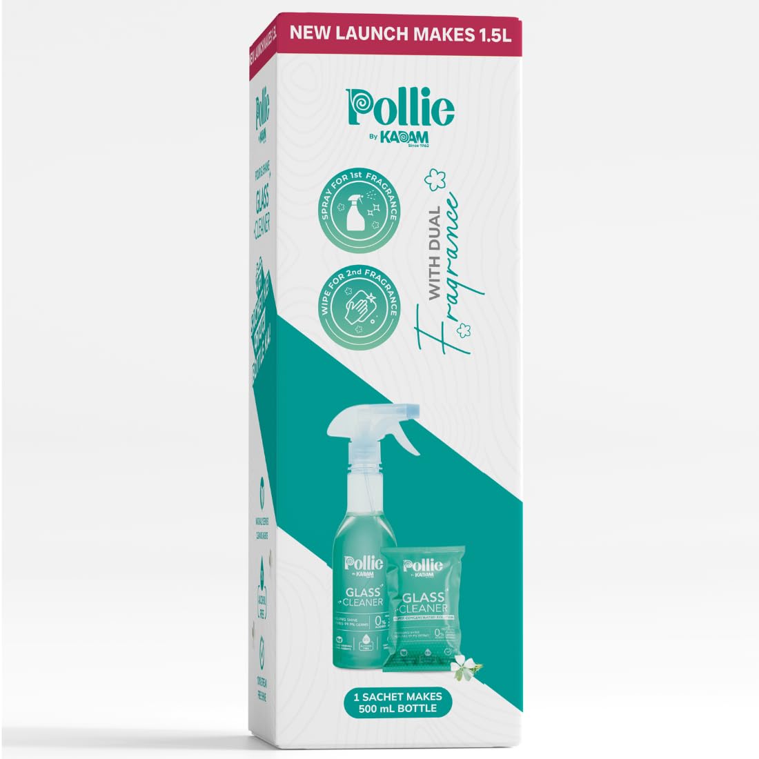 KADAM Pollie Glass Cleaner 1.5L - Empty Bottle + 3 Refill Sachets (1 Sachet Makes 500ml) | Alcohol-Free, Non-Toxic Dual Fragrance Glass Cleaner for Electronics, Screens, Cars, Windows, Kitchens & Bathrooms | Streak-Free Shine for Phones, Laptops, Mirrors & Glass Surfaces
