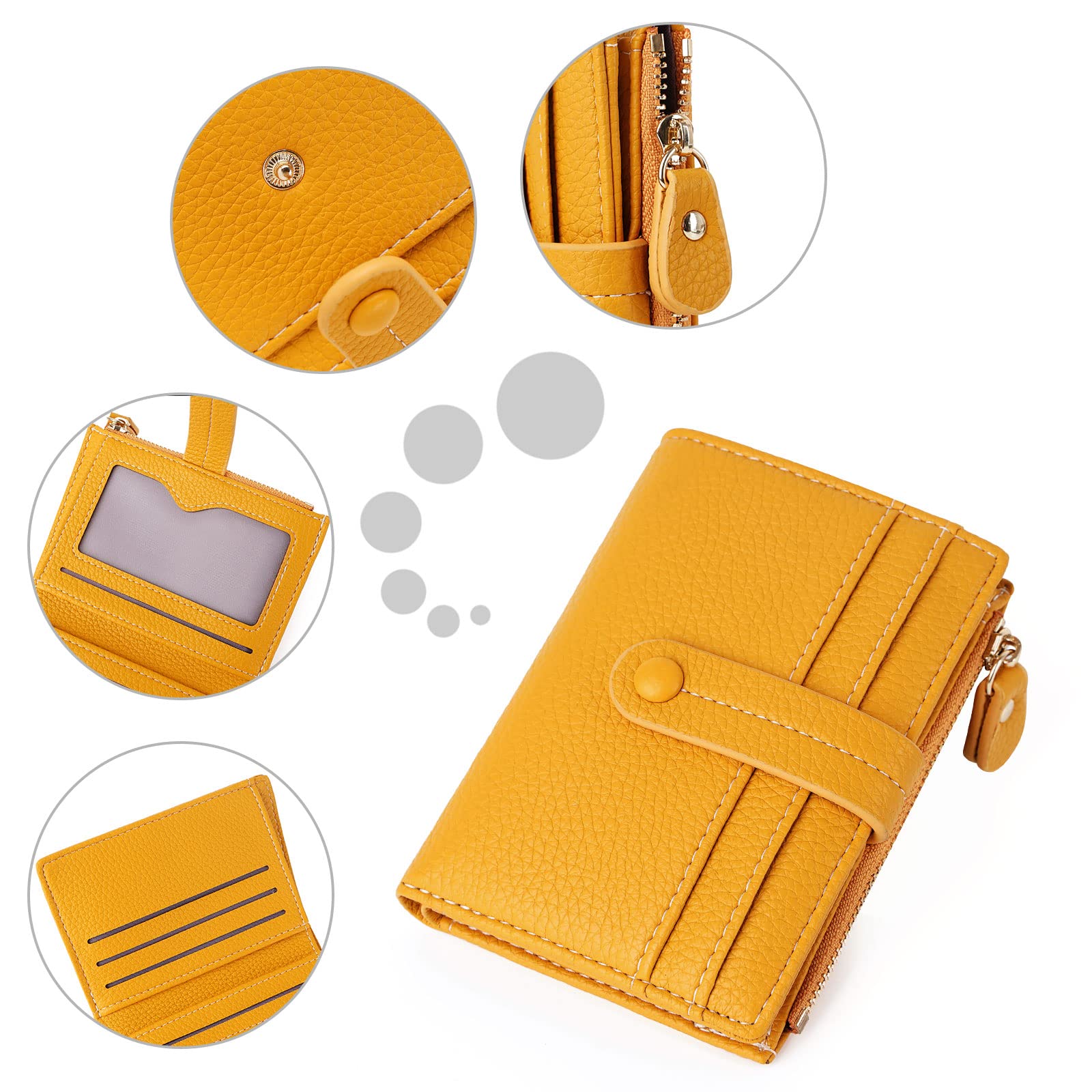 HKCLUF RFID Blocking Leather Wallet for Women - Bifold Zipper Coin Purse with ID Window (Yellow) | Perfect for Travel & Daily Use