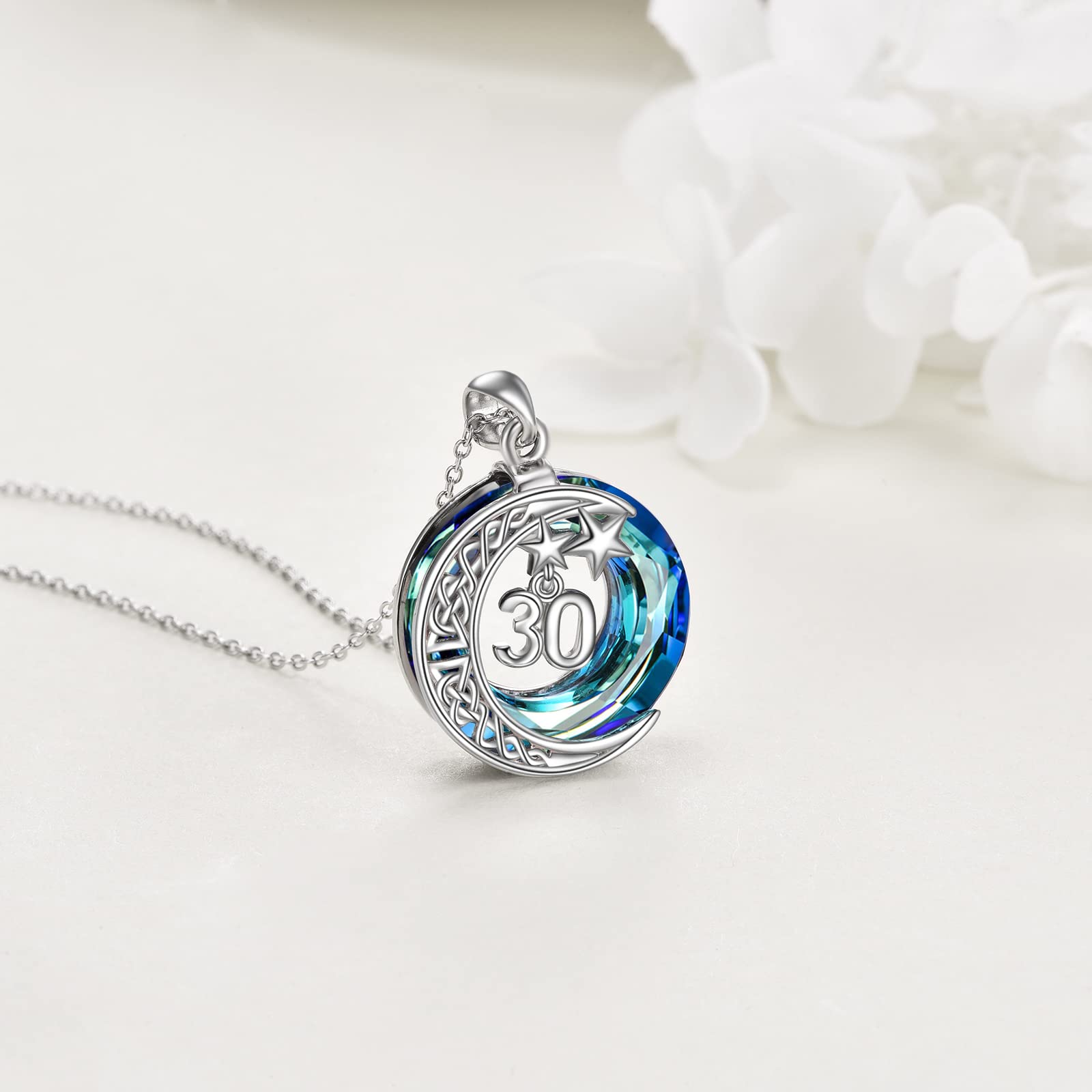 Moon Star Necklace for Women - 925 Sterling Silver Crescent Moon Pendant with Blue Crystal, Elegant Circle Design Jewelry Gift for Her, Mom, Wife, Girlfriend - Perfect for Christmas, Birthday, Anniversary & Everyday Wear