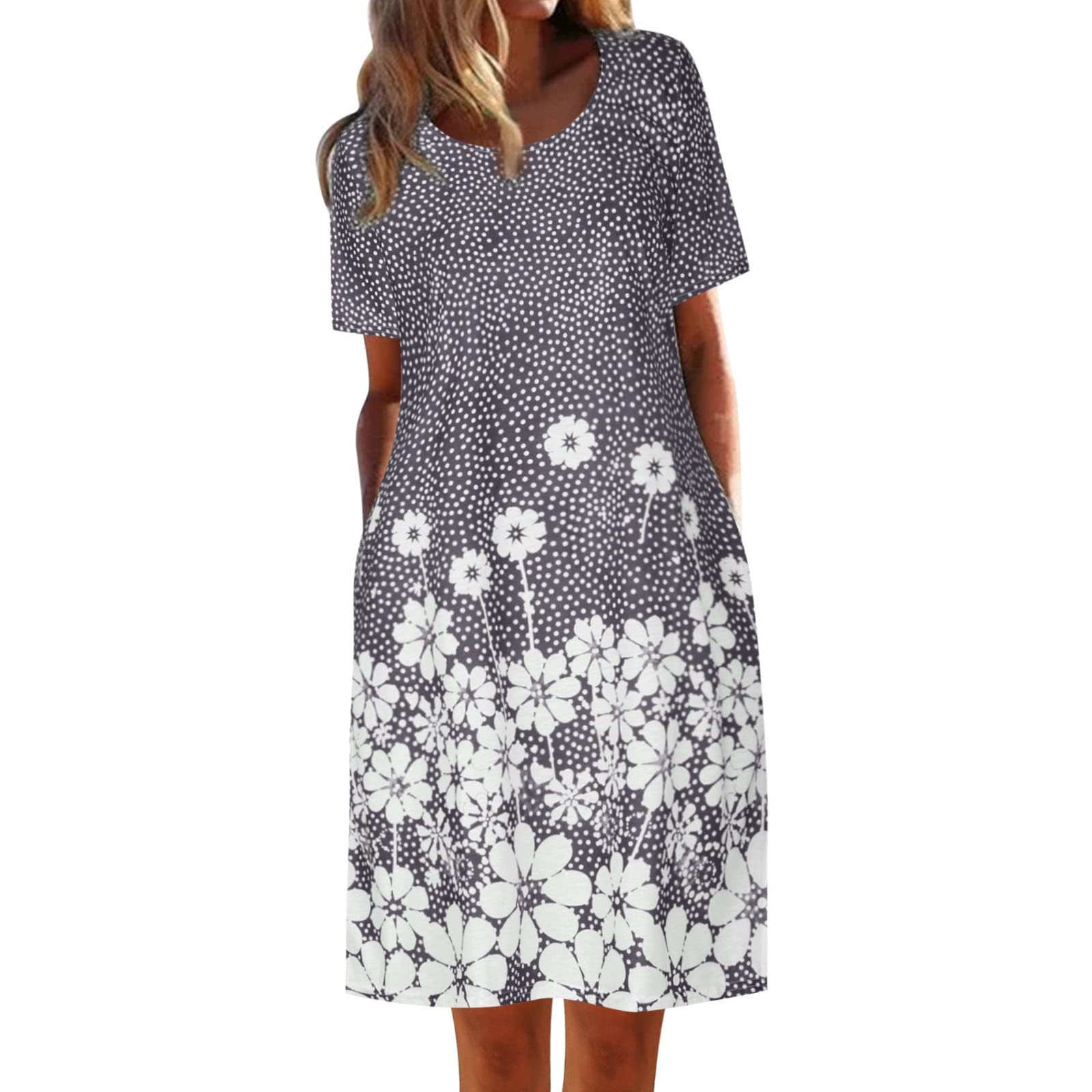 Women's Casual Flowy Pleated T-Shirt Dress with Pockets - Grey | Comfortable Loose Fit Summer Dress for Outings, Beach & Everyday Wear